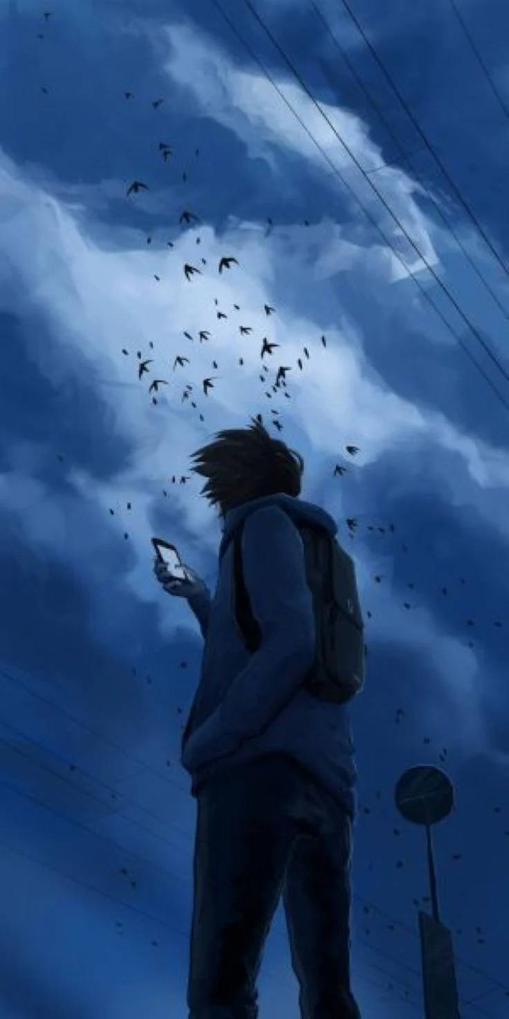 動漫男孩穿著連帽衫在暴風雨的天空下拿著手機，鳥兒飛舞。