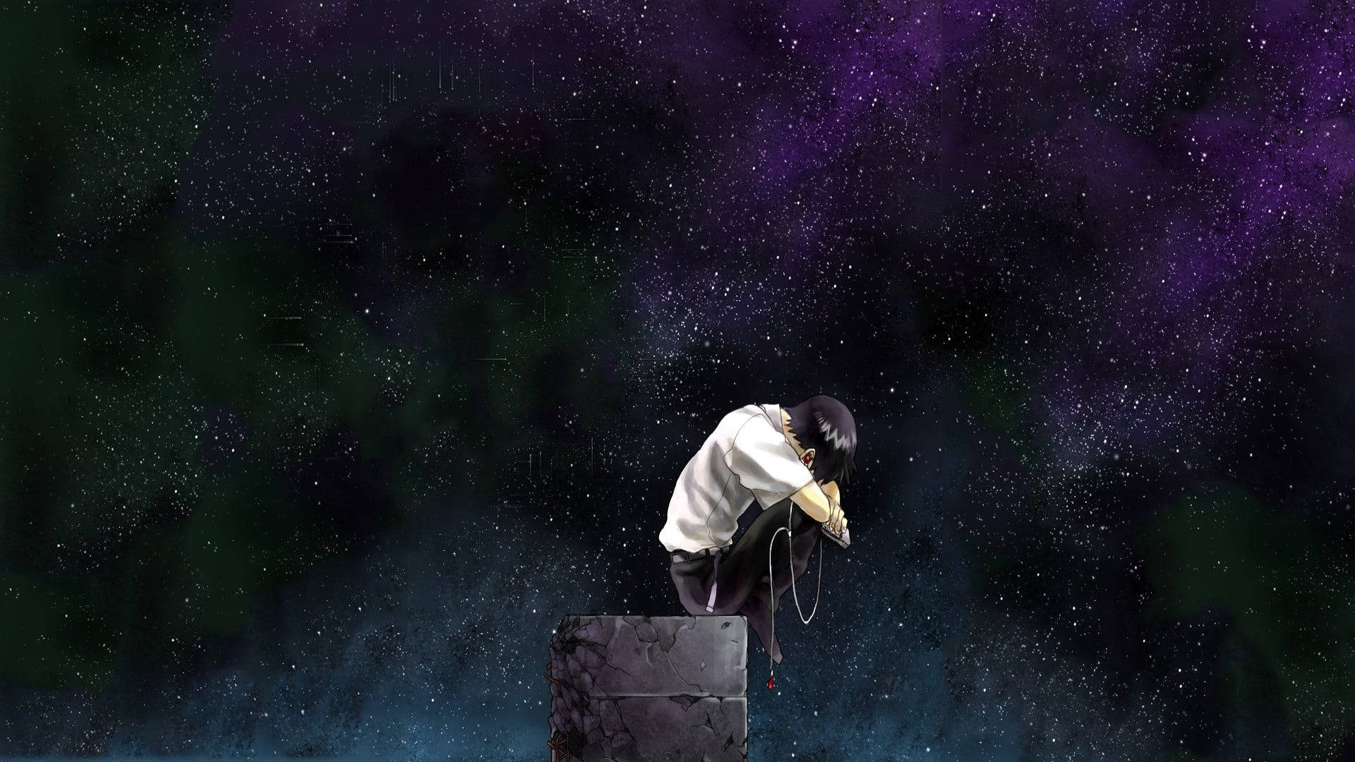 動漫女孩獨自坐在石頭上，在星空下的雨中