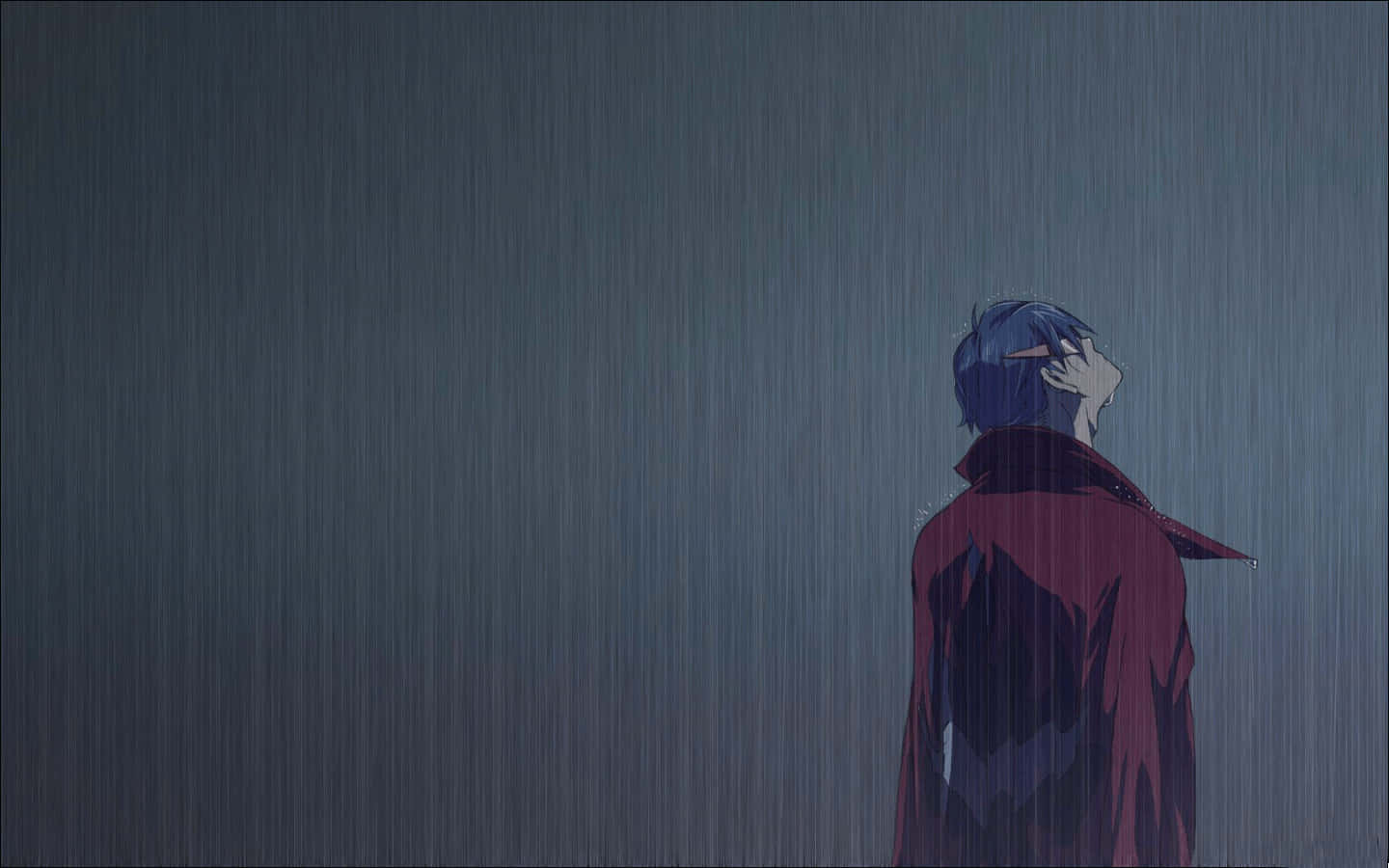 穿著紅色外套的動漫角色站在雨中抬頭仰望