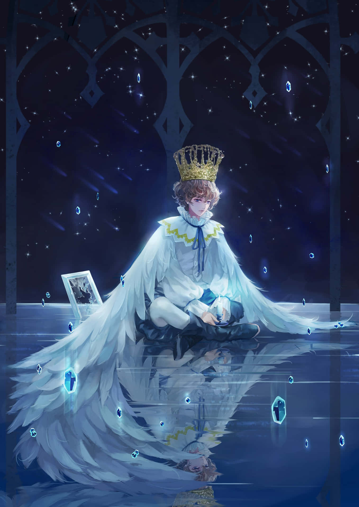 動漫男孩有白色翅膀和皇冠，坐在星空之夜，手持發光球體和相框。