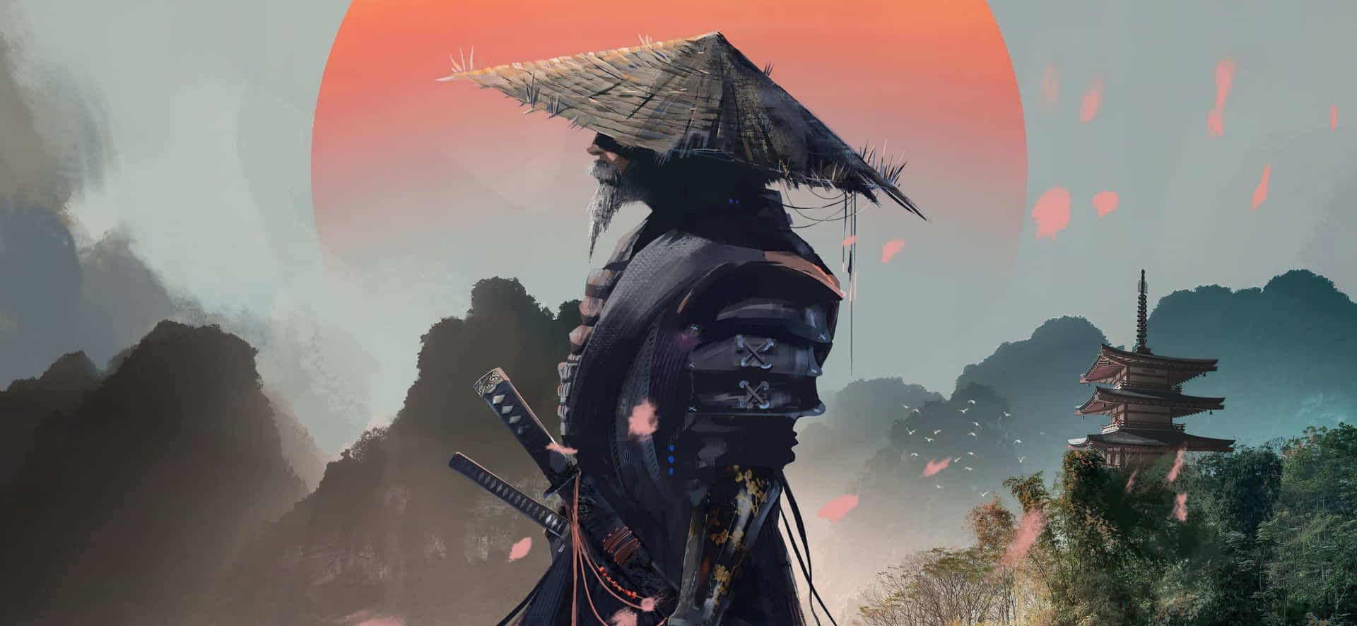 戴草帽的武士在夕陽下站在寺廟前，櫻花飄落。