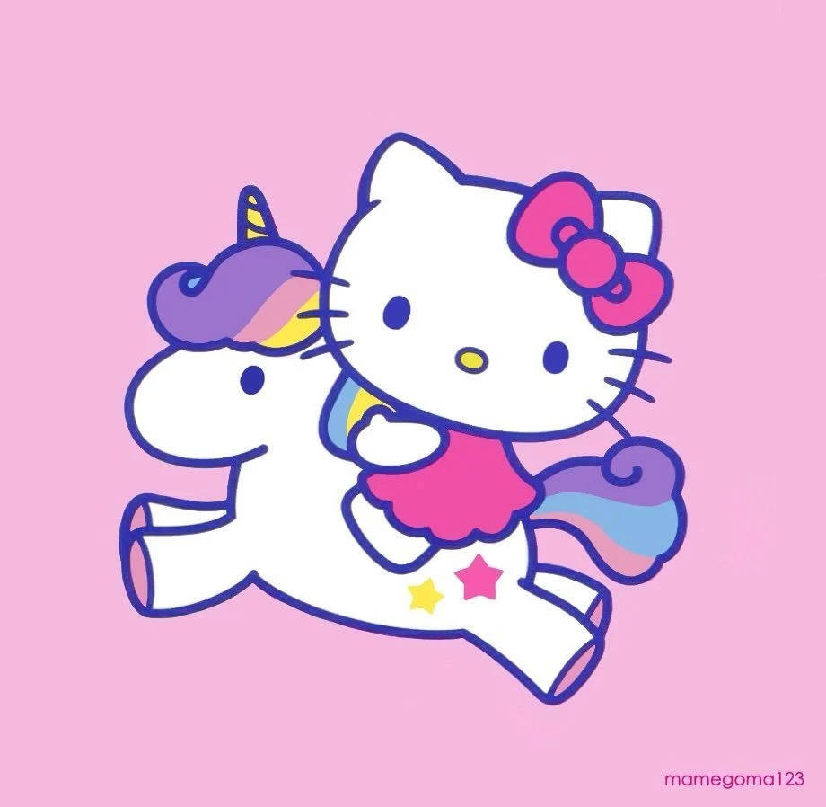 獨角獸Hello Kitty卡通頭像 壁紙 — Hello Kitty 身穿粉紅色連衣裙，騎著彩虹獨角獸，背景是柔和的粉紅色。
