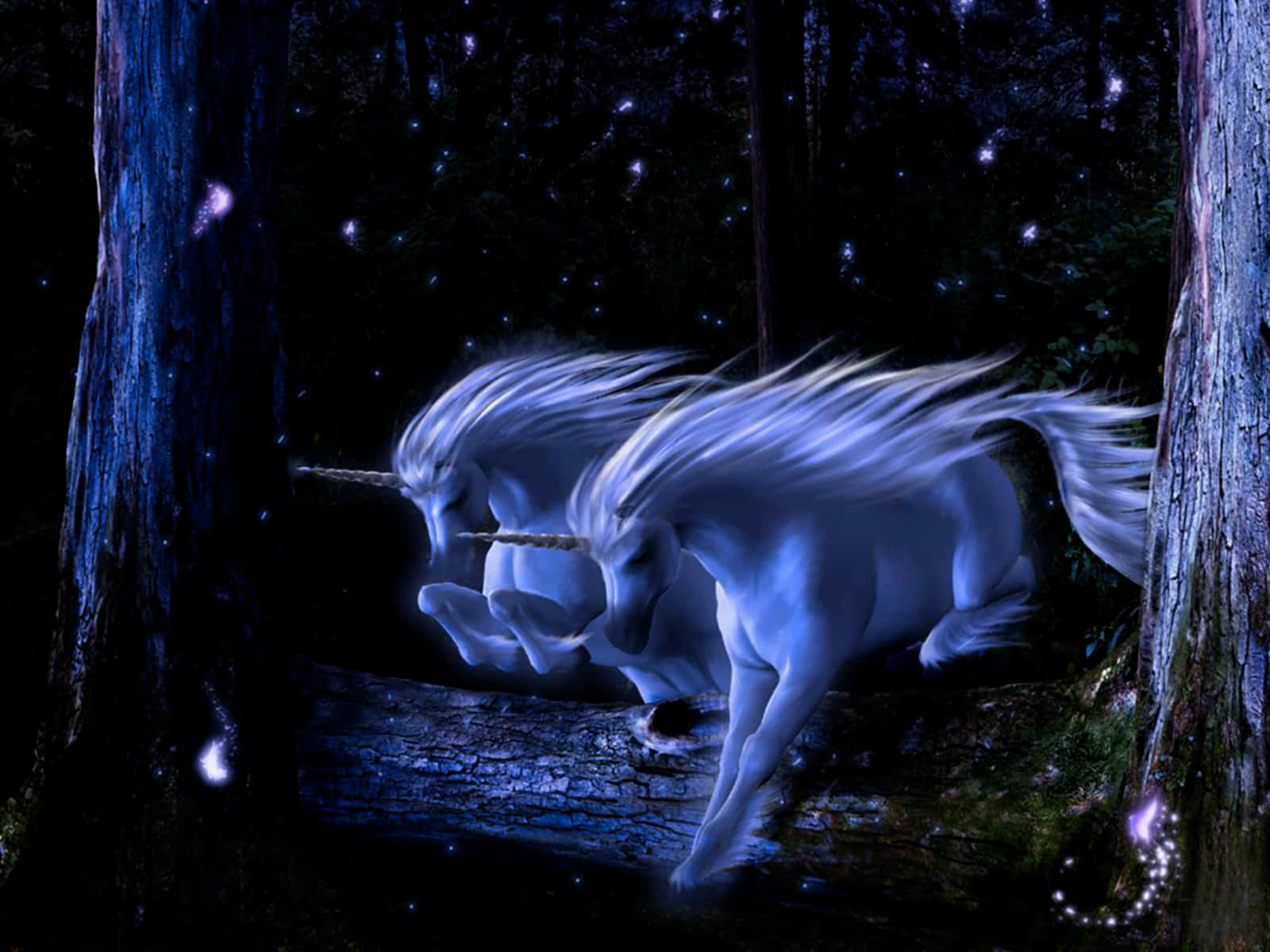 兩隻發光的獨角獸在夜晚黑暗的魔法森林中奔跑。
