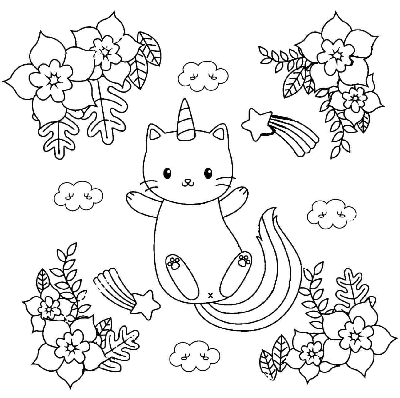 獨角獸小貓塗色圖 壁紙 — 一隻可愛的卡哇伊貓咪，擁有獨角獸角和彩虹尾巴，漂浮在微笑的雲朵和花卉簇擁之間，採用黑白線條藝術風格。