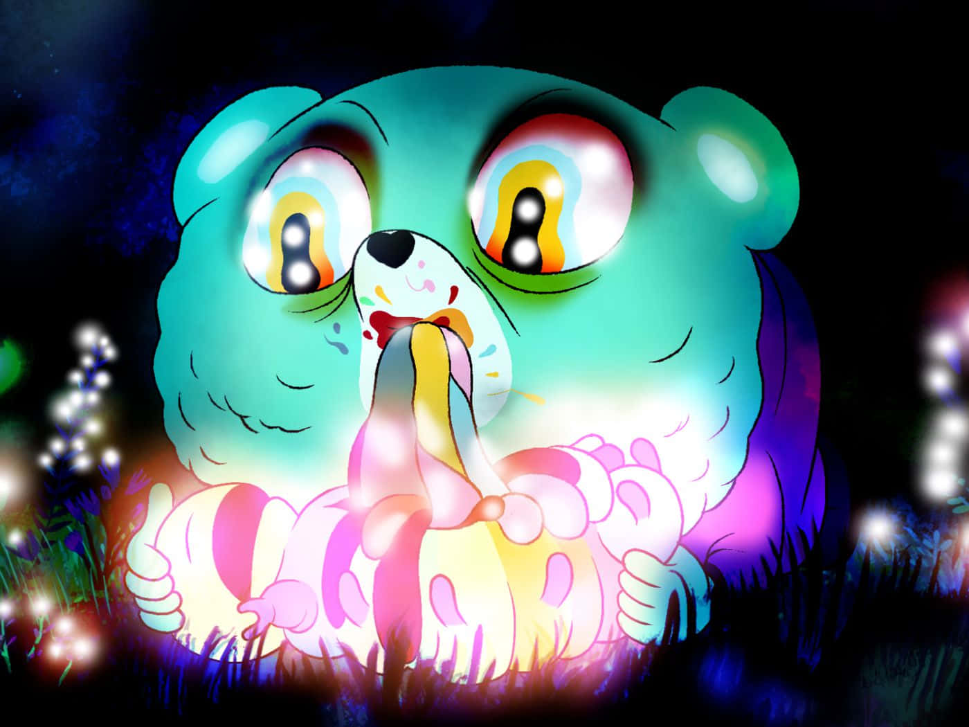 《獨角獸戰爭》藍熊圖像 壁紙 — 一隻發光的青綠色卡通熊，有彩虹眼睛，嘴裡叼著一條條紋蟲，站在一片黑暗的發光花朵田野中。