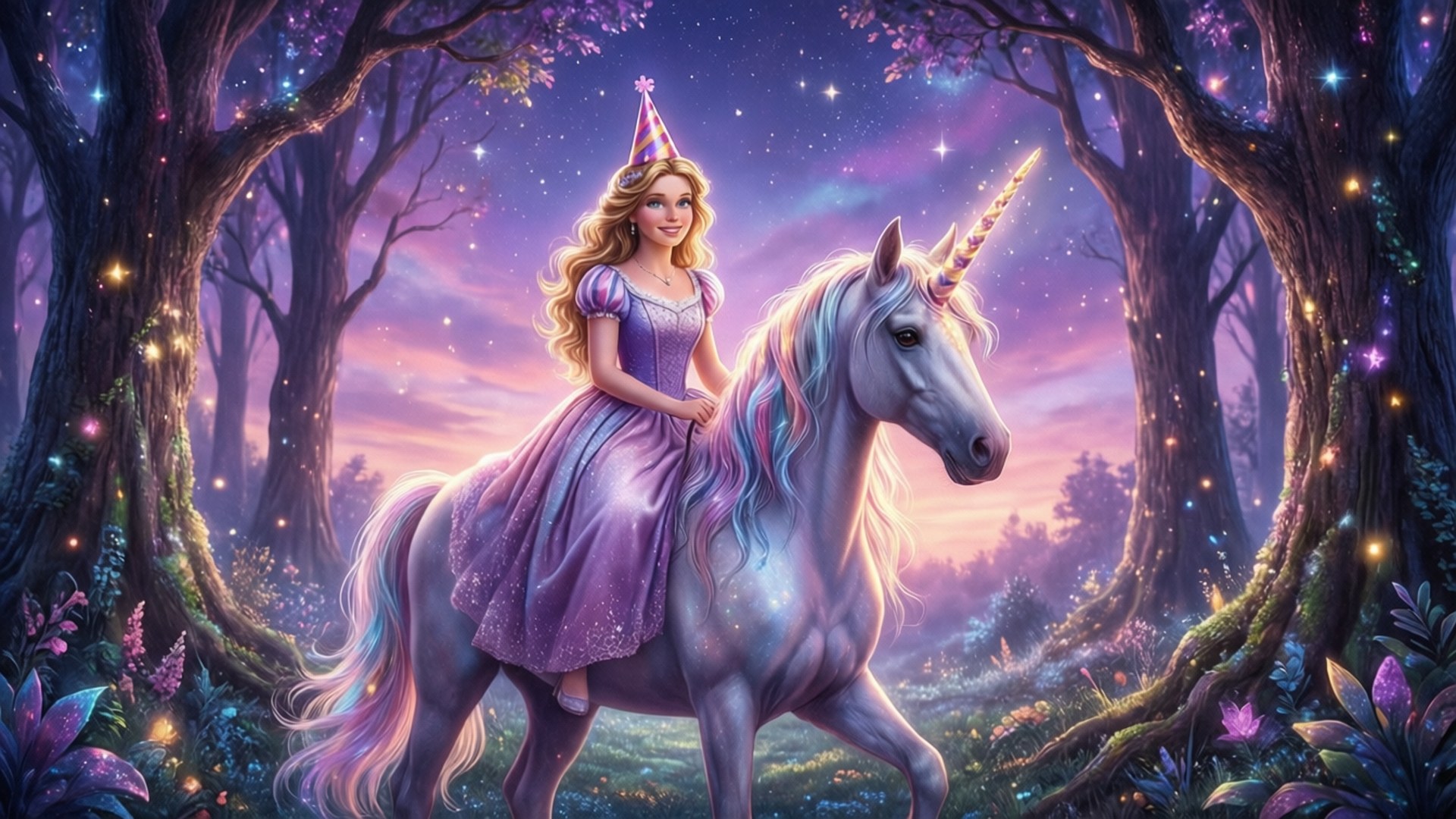 穿紫色裙的女孩在暮色魔法森林中騎獨角獸