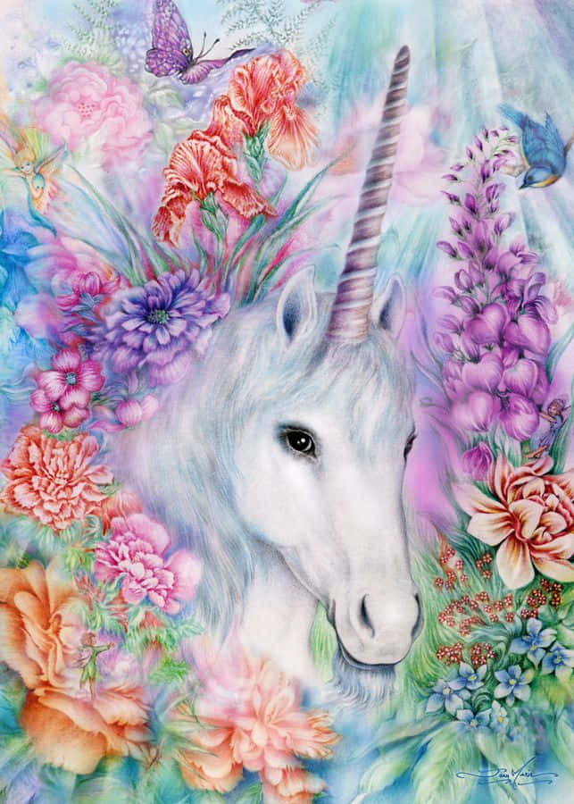 一隻白色獨角獸在魔法花園中被色彩繽紛的花朵和蝴蝶環繞。