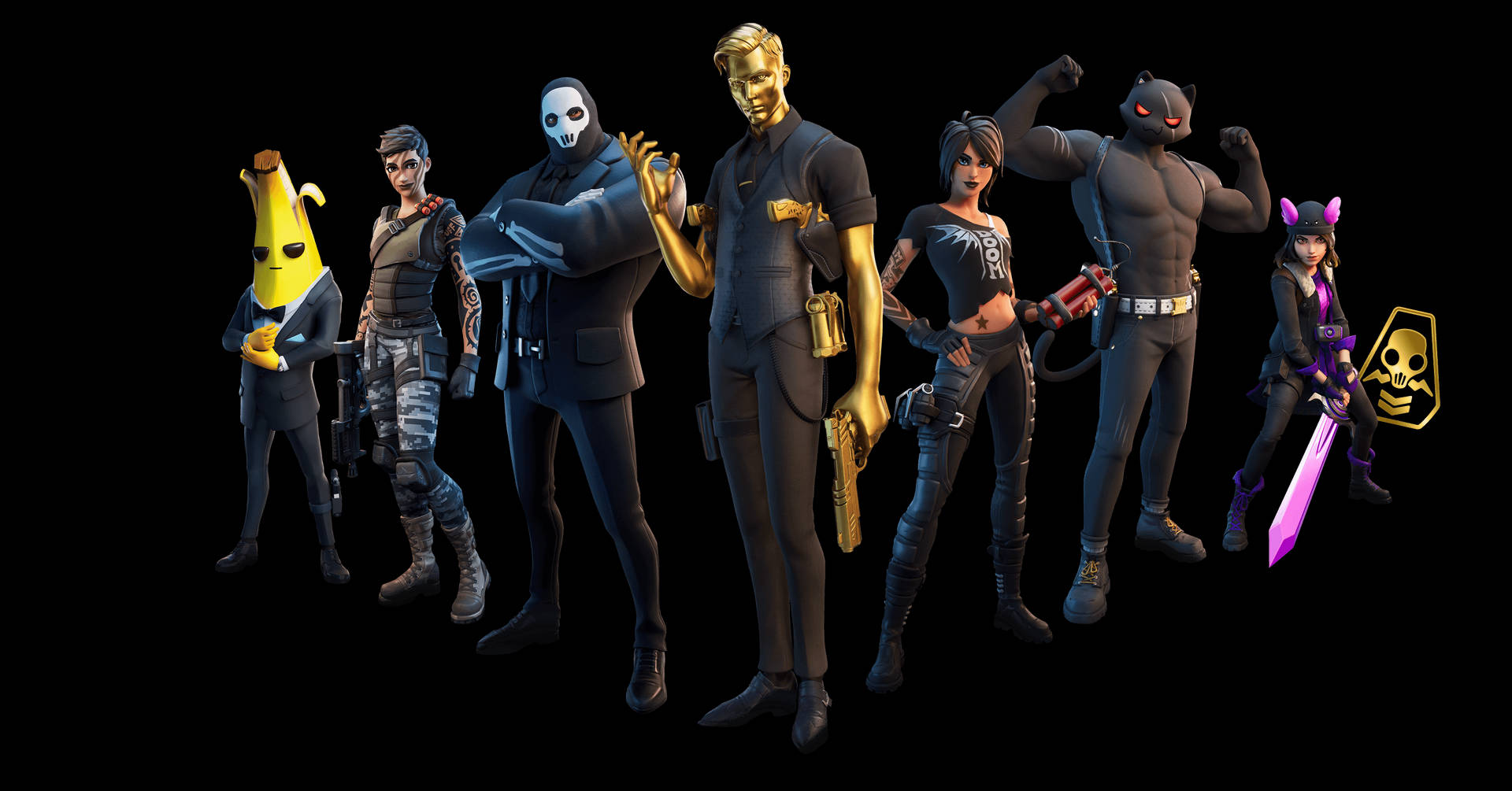 七個Fortnite遊戲角色身穿戰術裝備，在黑色背景前手持武器擺姿勢。