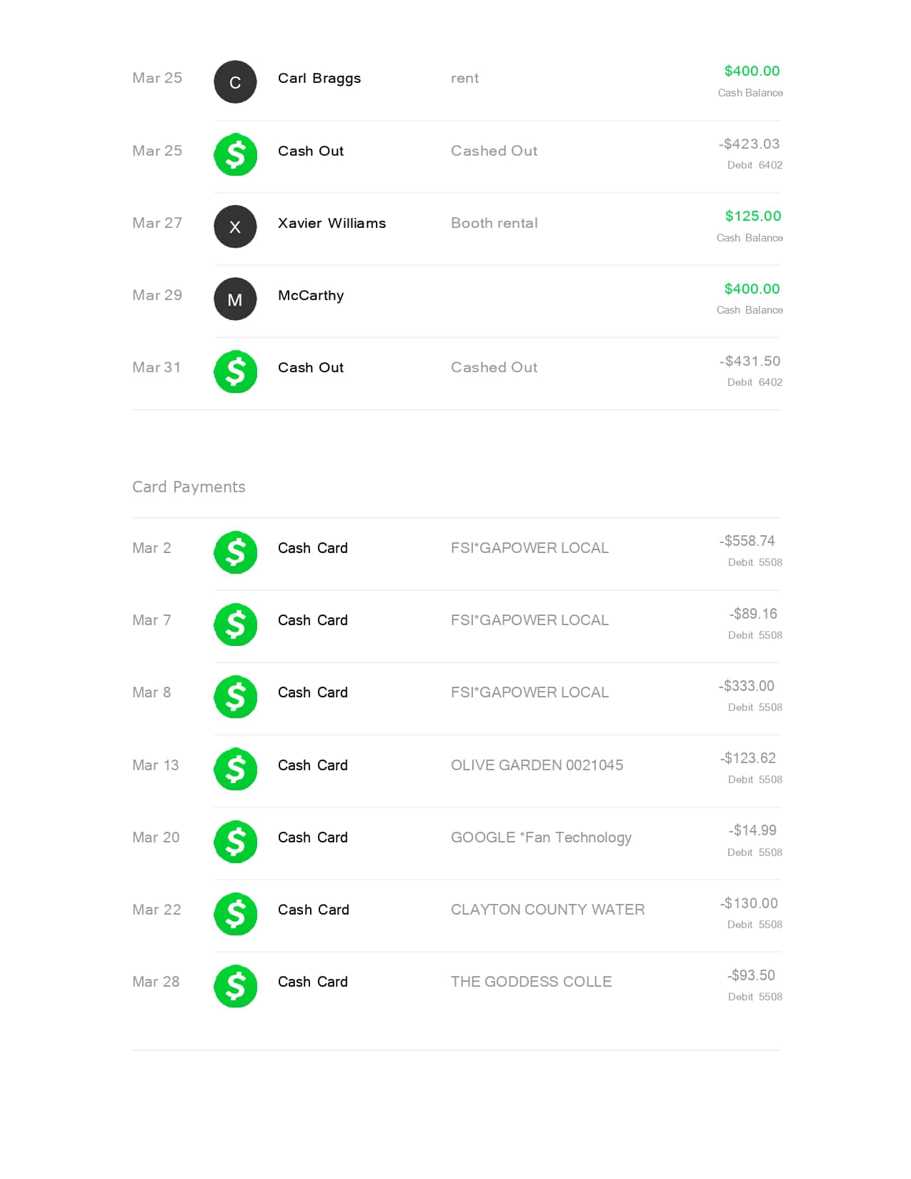 數位金融分類帳，顯示現金和信用卡付款，帶有綠色美元圖標。