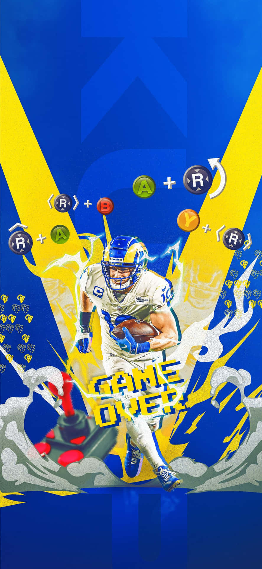 足球運動員奔跑，附有遊戲控制器按鈕和「GAME OVER」文字。
