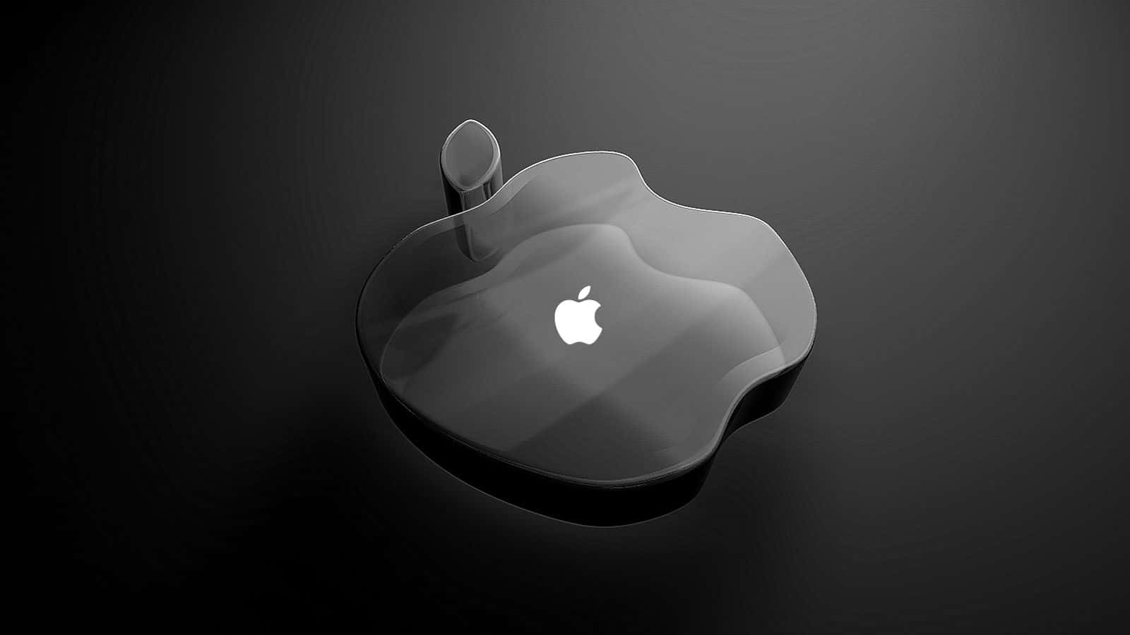 透明玻璃Apple標誌，白色徽章，深色背景