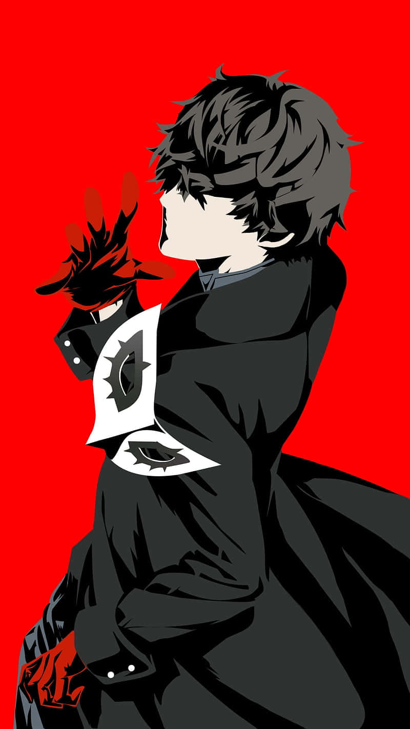 動漫角色穿著黑色外套和面具，紅色背景