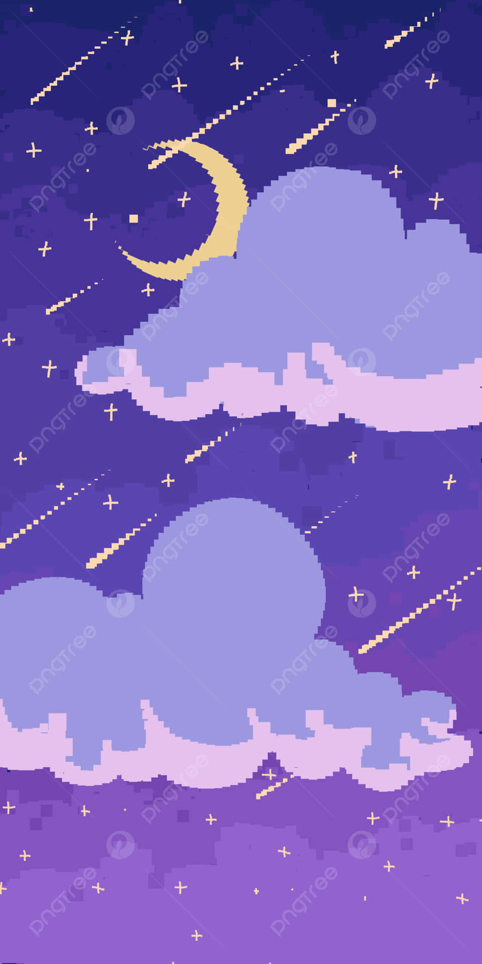 紫色雲朵後方帶有新月和流星的像素化夜空。