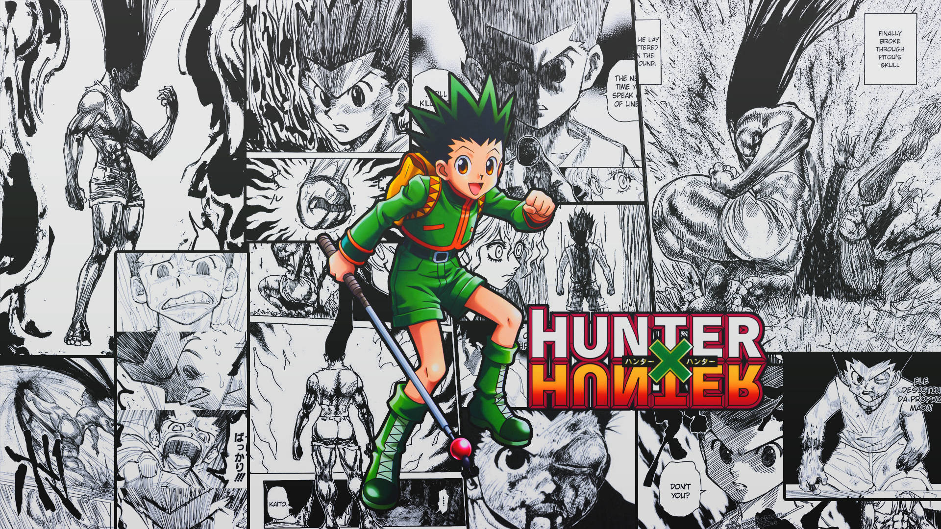 來自《Hunter x Hunter》的動漫角色跳過漫畫面板。