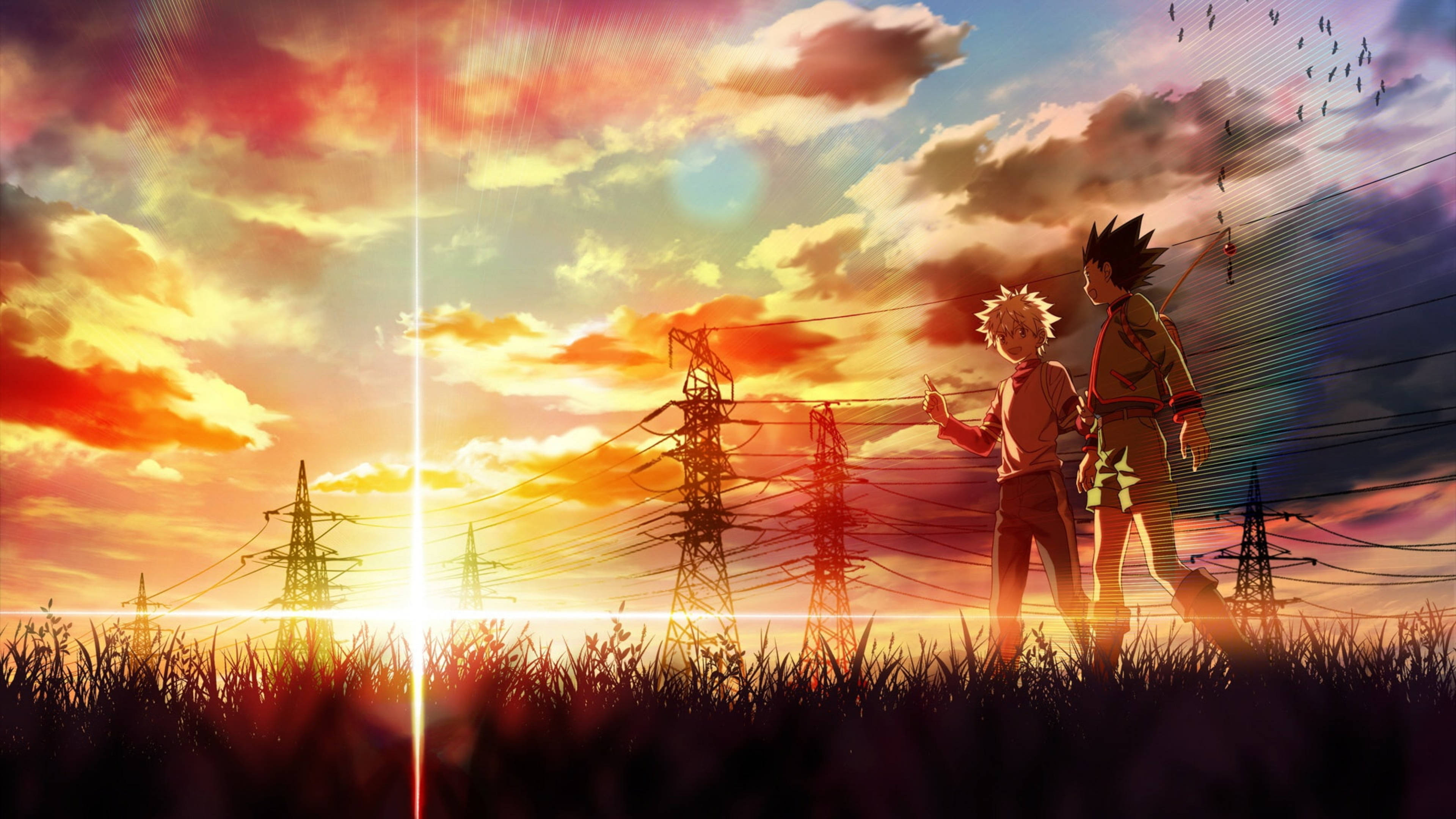 《獵人》Gon Freecss與Killua 4K 壁紙 — 兩個動畫男孩站在夕陽下的高草叢中，旁邊有電線桿，鳥兒在頭頂飛翔。