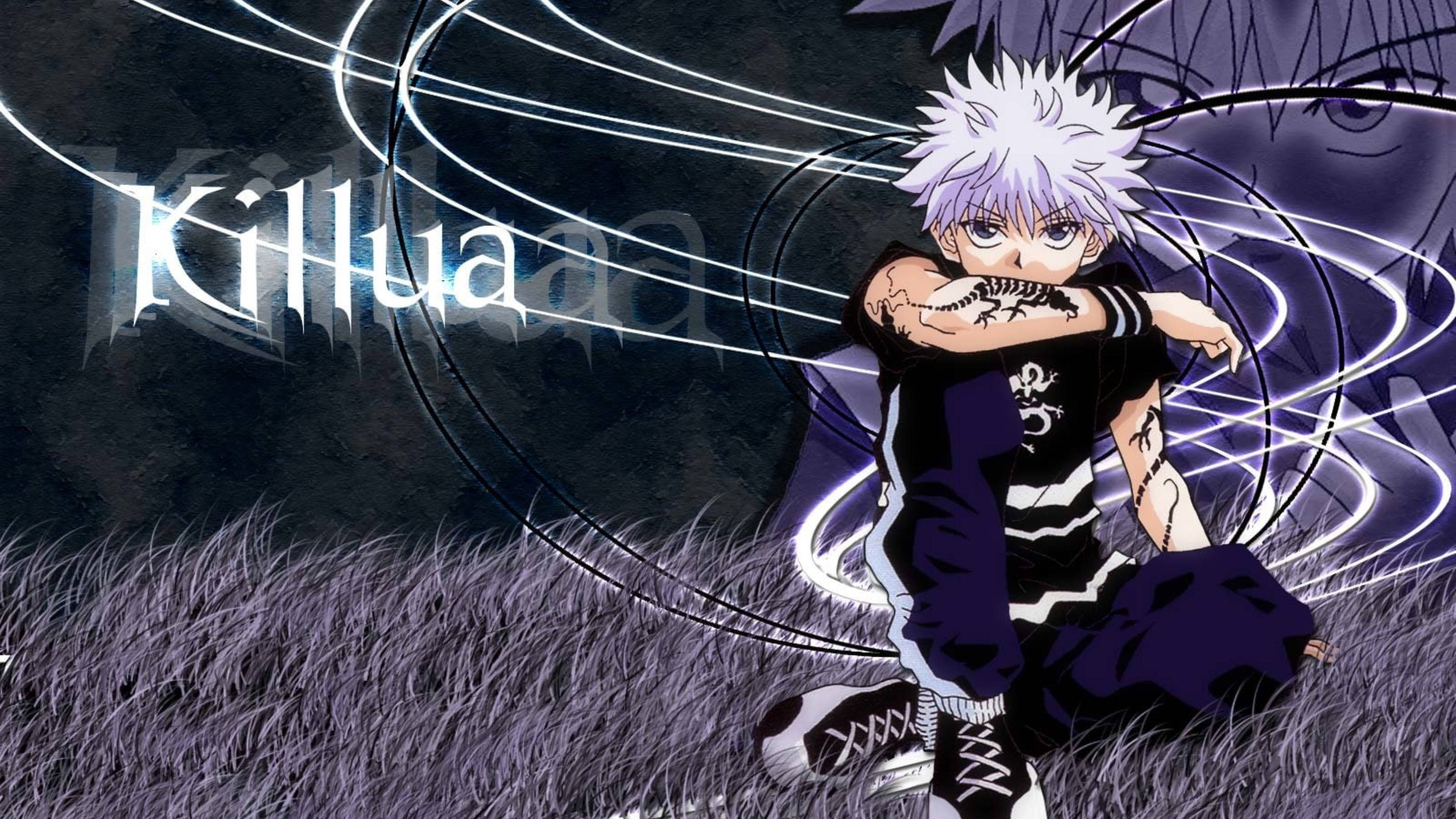 《獵人》Killua 4K 破碎風格造型 壁紙 — 動畫角色奇犽蹲在紫色草地上，發光的白色能量線條和以風格化文字呈現的名字。