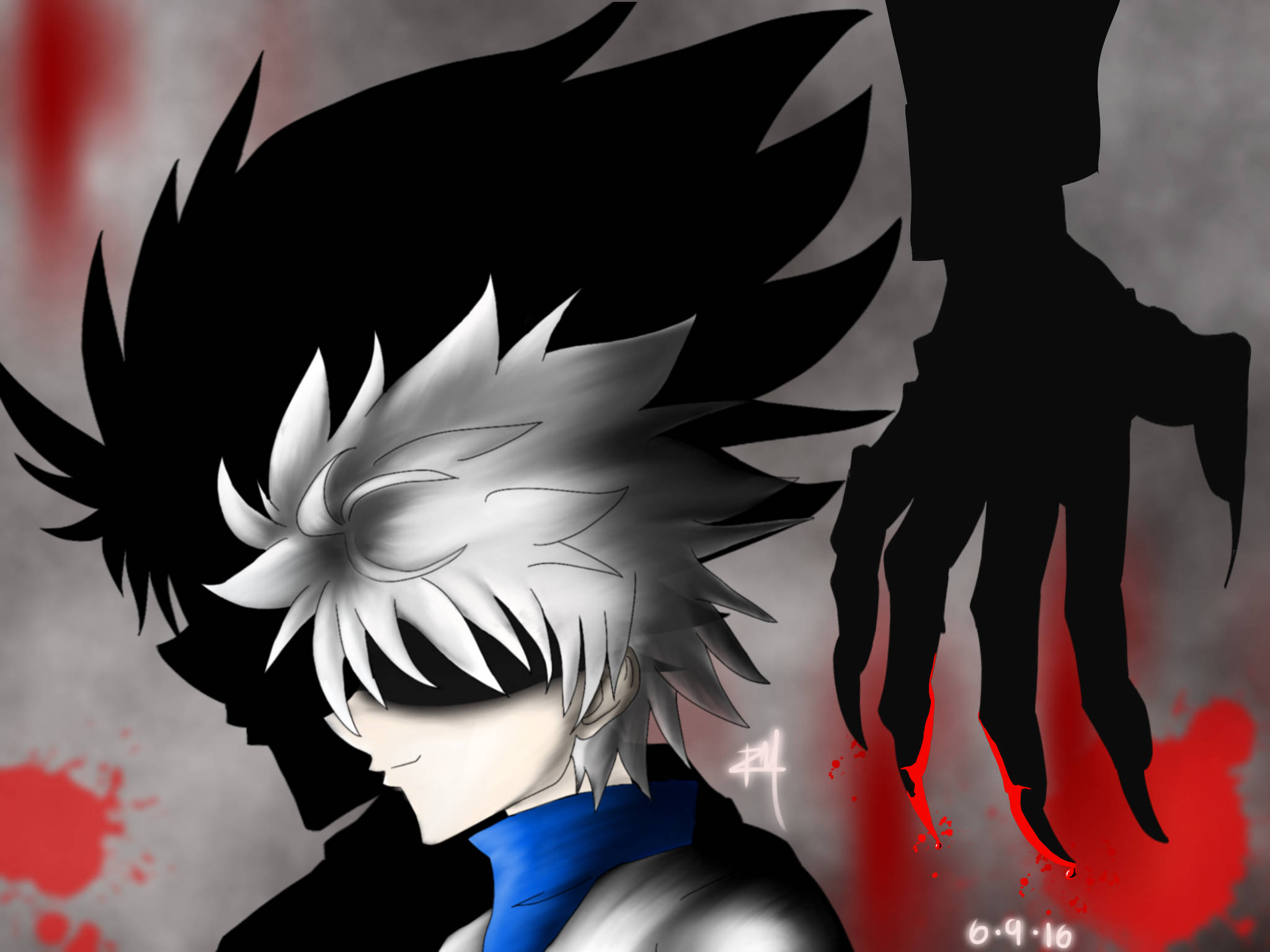 《獵人》Killua 4K圖像 壁紙 — 灰色背景上，一個側面、頭髮尖刺的動漫角色，帶有威脅性的陰影和紅色飛濺。