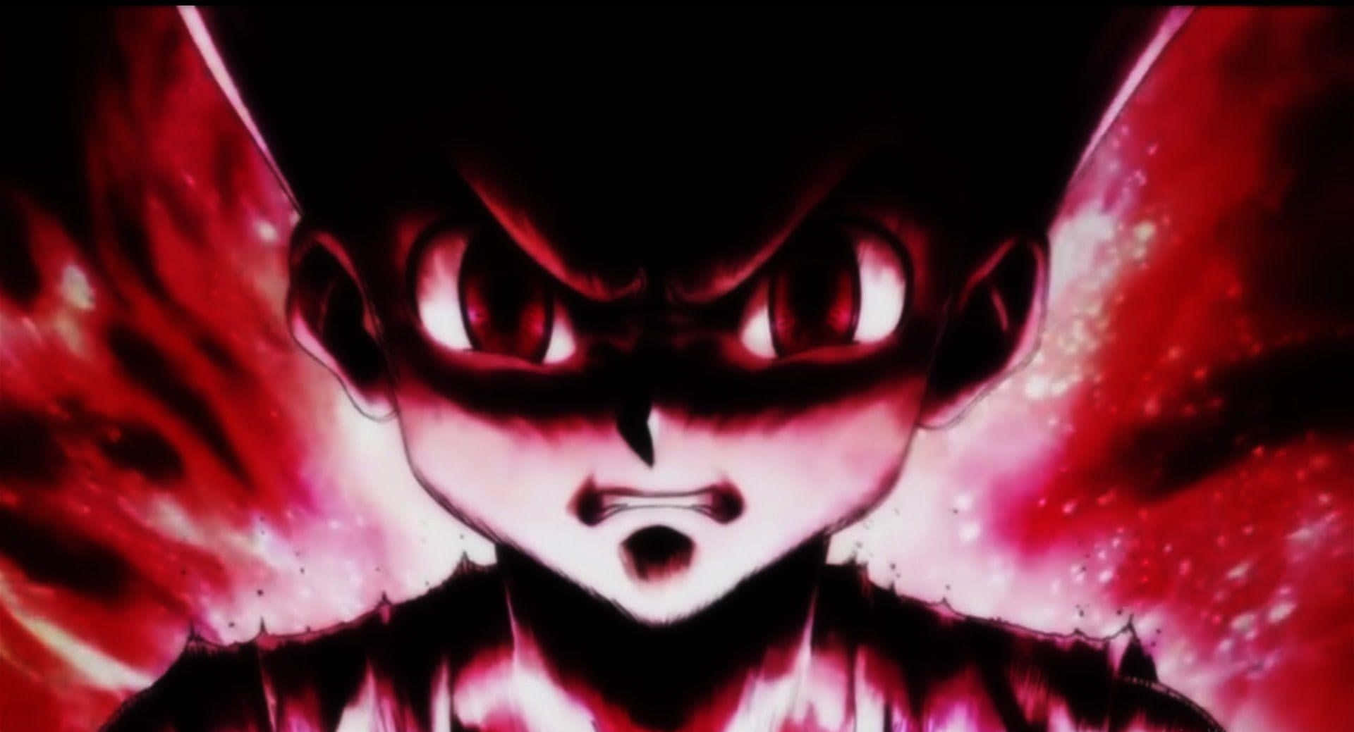 《獵人 X 獵人》中的 Gon Freecss 壁紙 — 一個擁有發光紅眼和黑髮的動漫角色，在熾熱的紅色宇宙背景下散發出強烈的能量。