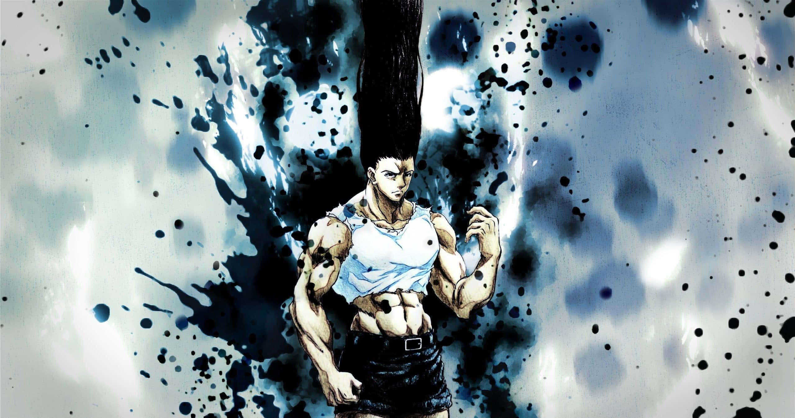 《獵人 X 獵人》中的 Gon 壁紙 — 一個肌肉發達的動漫戰士，頭頂紮著髮髻，挑釁地站在動態的藍白墨水飛濺背景前。
