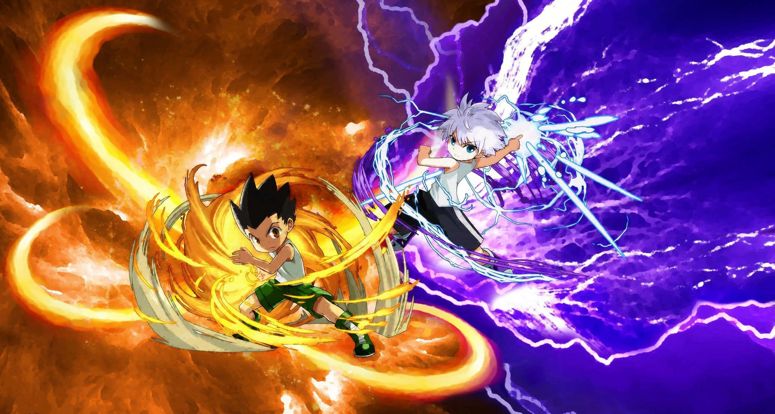 《獵人 X 獵人》的勇者主角 Gon 壁紙 — 兩個動漫角色在宇宙虛空中戰鬥，熾熱的橙色和電光紫的能量在他們周圍旋轉。
