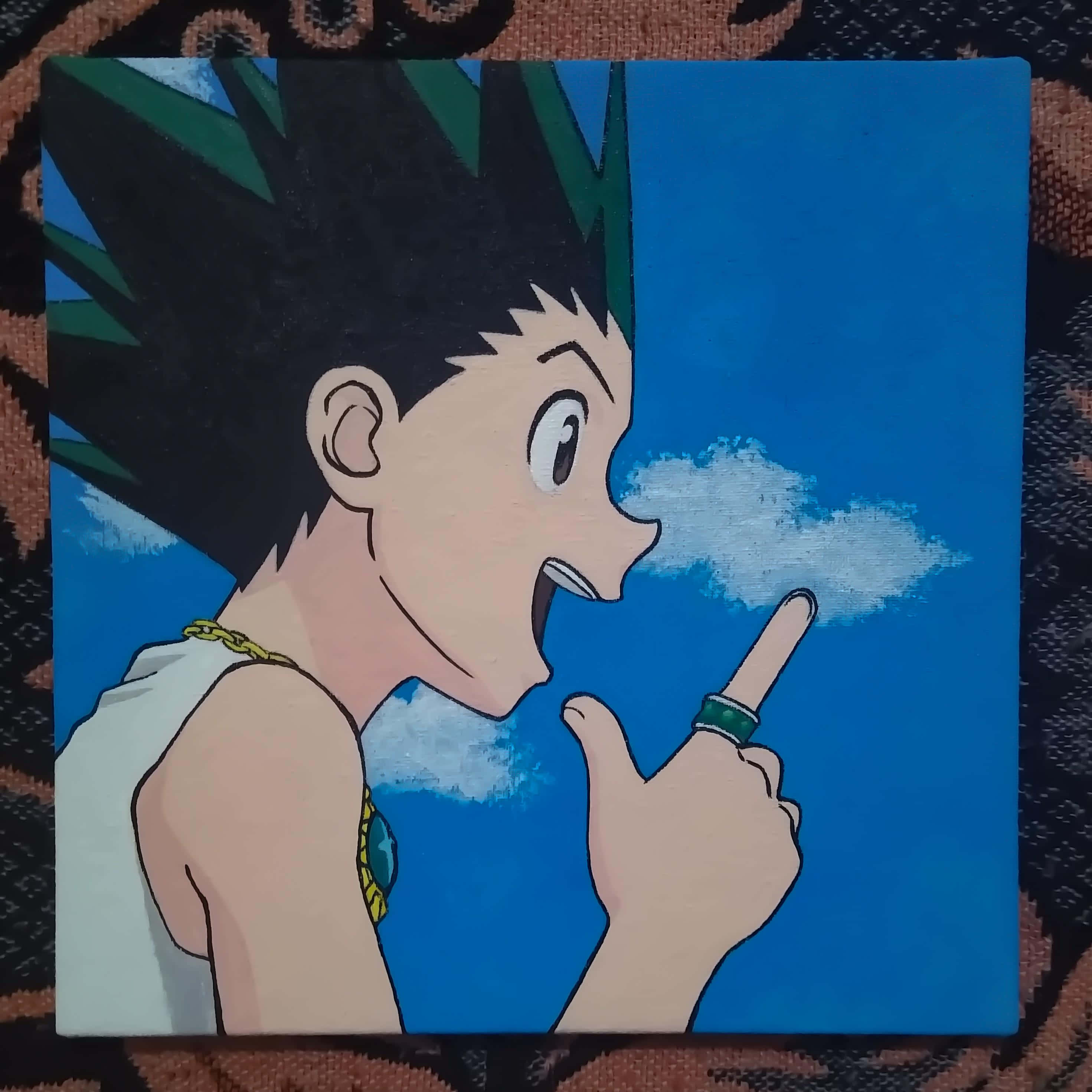 《獵人》中的可愛 Gon 與 Killua 壁紙 — 一個繪畫的動漫角色，有著尖刺黑色頭髮和綠色高光，穿著白色背心和綠色戒指，指著一朵雲。