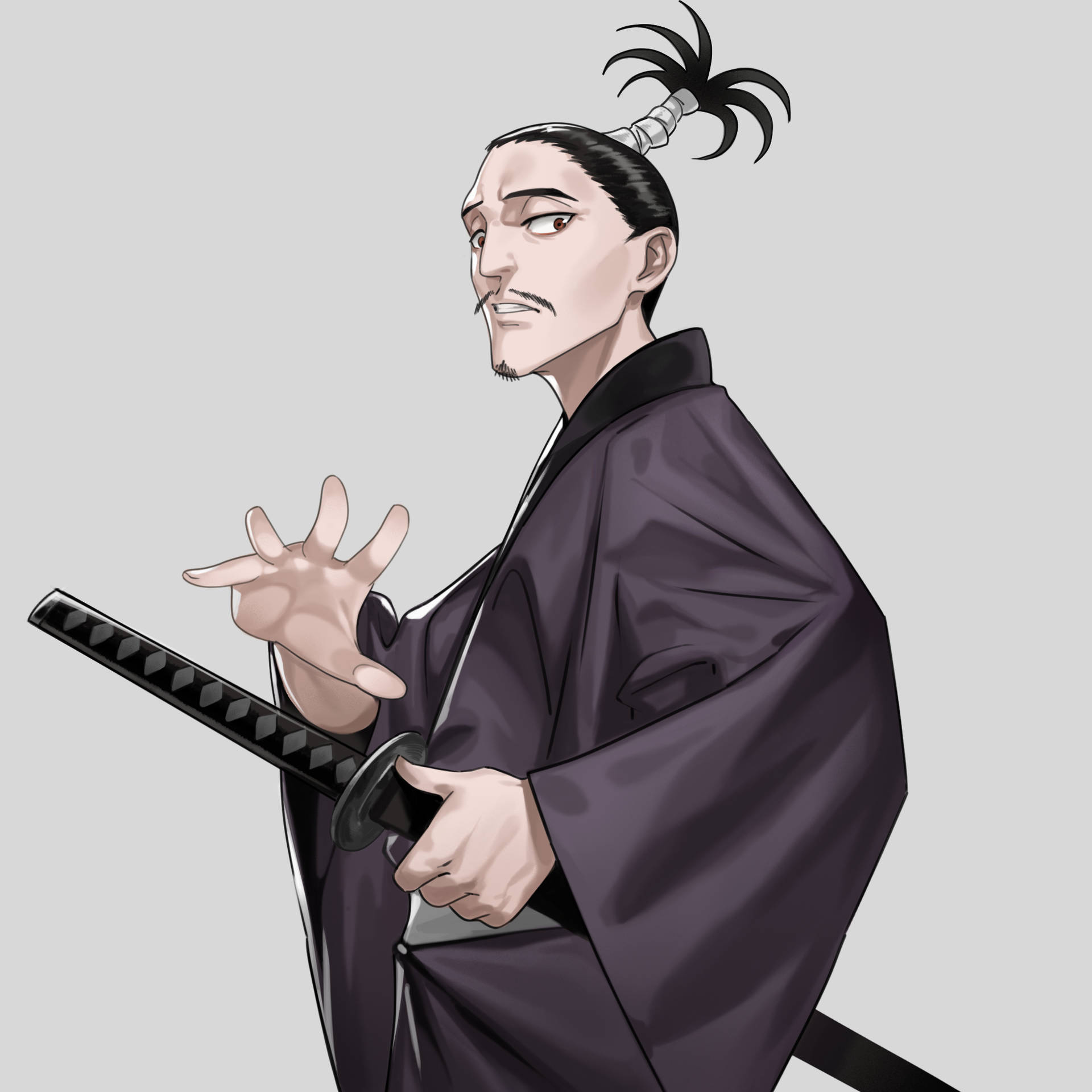 動漫武士穿著深色長袍，手持劍並嚴肅地做手勢。