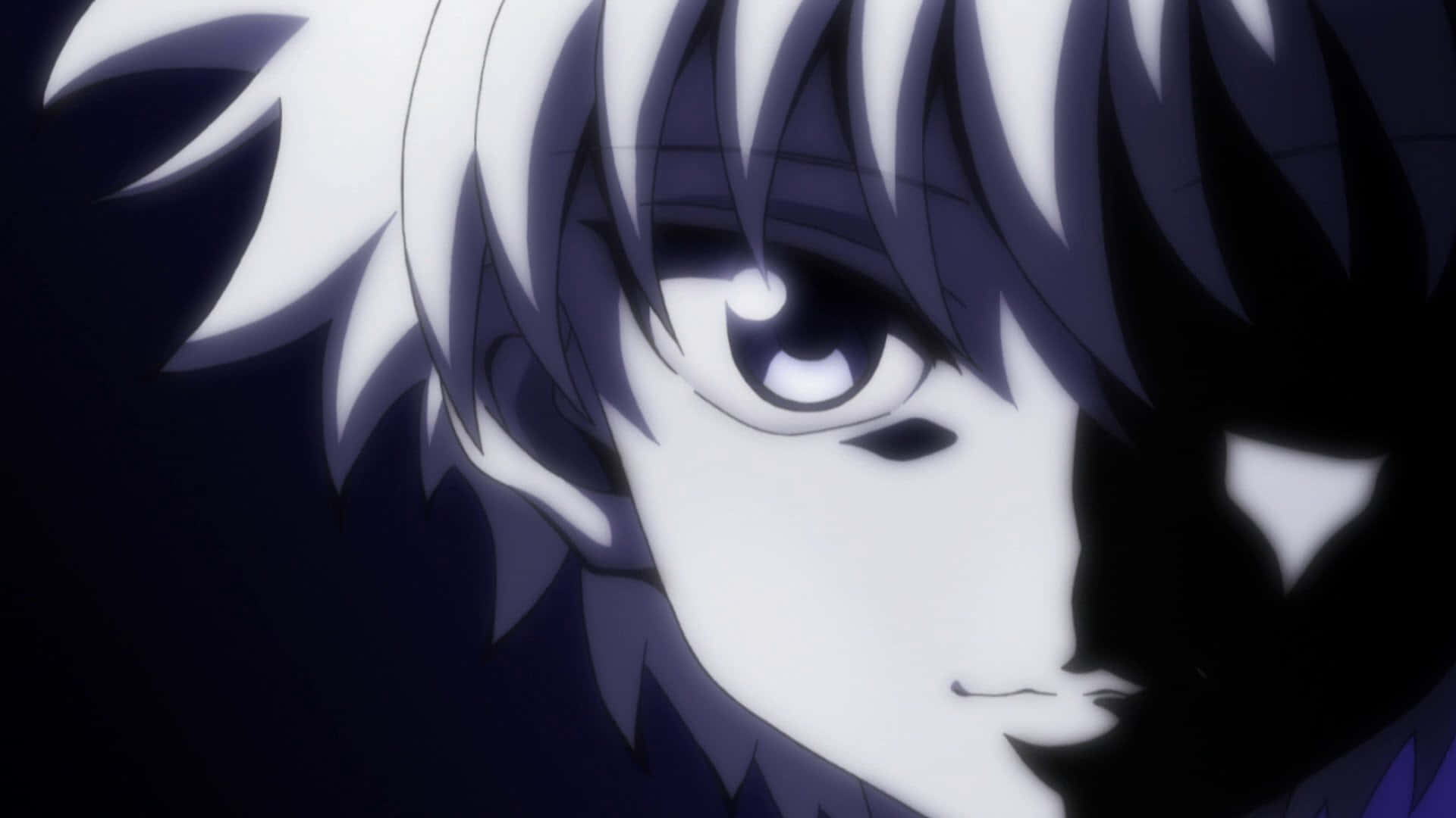 《獵人》中的無畏強者 Killua 壁紙 — 黑暗背景前，一位擁有白色尖刺頭髮和銳利眼神的年輕男子的特寫動畫肖像。