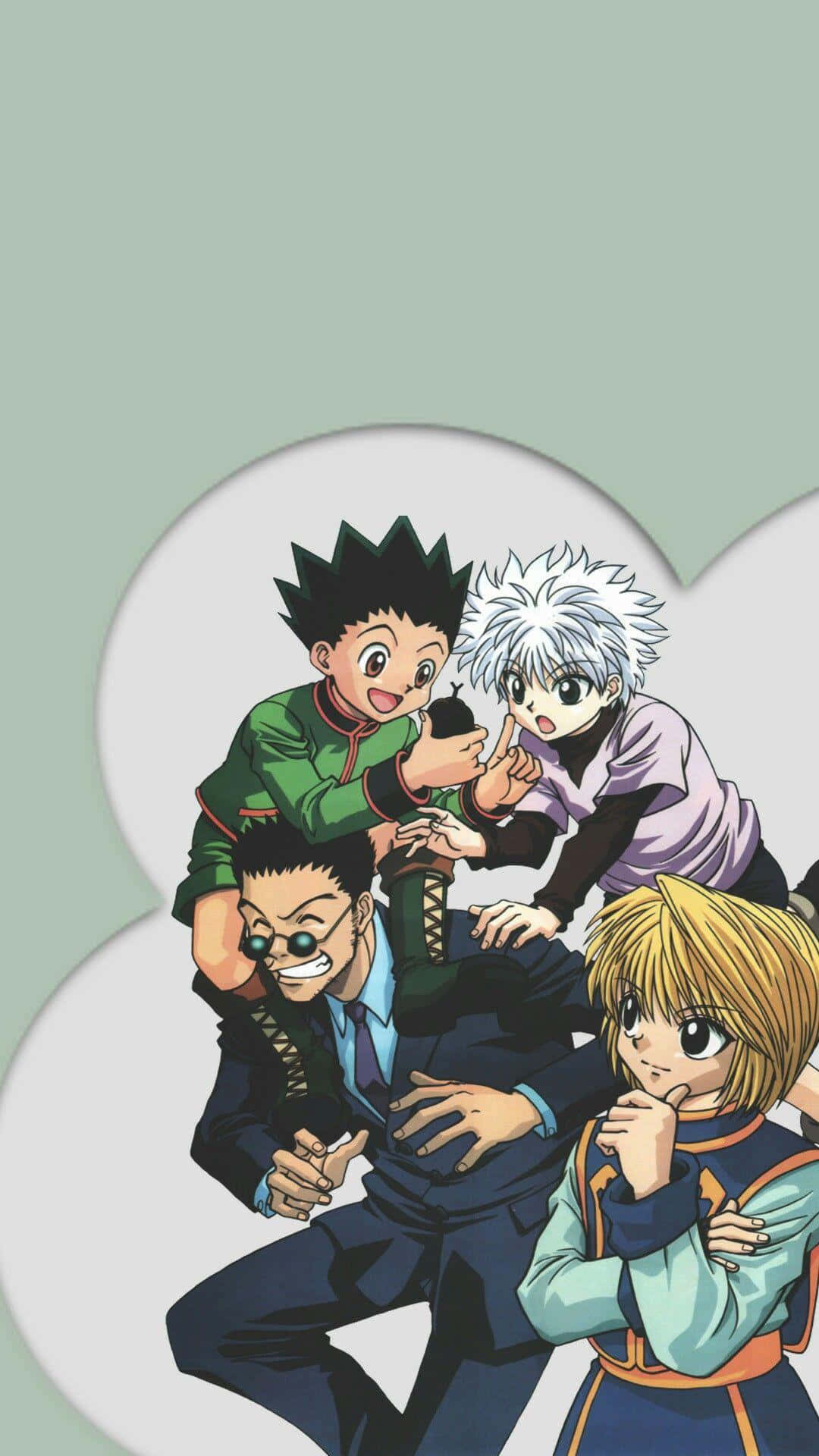 《獵人》中的野性戰士 Gon 壁紙 — 四個動漫角色在雲朵形狀的框架內，以柔和的薄荷色背景襯托，動感地擺出姿勢。