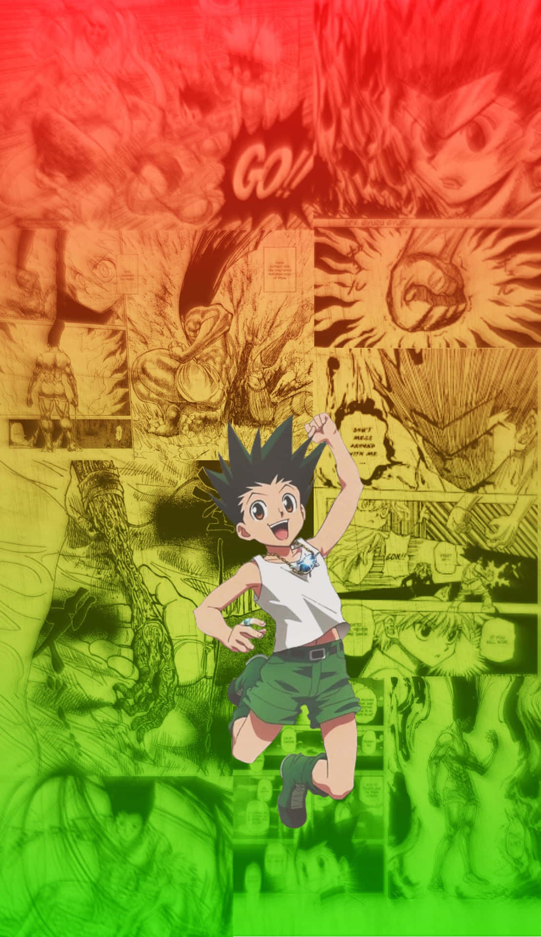 《獵人》主角小傑彩色跳躍壁紙 壁紙 — 一個快樂的動畫男孩在充滿活力的漫畫格子和火紅色的漸變背景上向前跳躍。