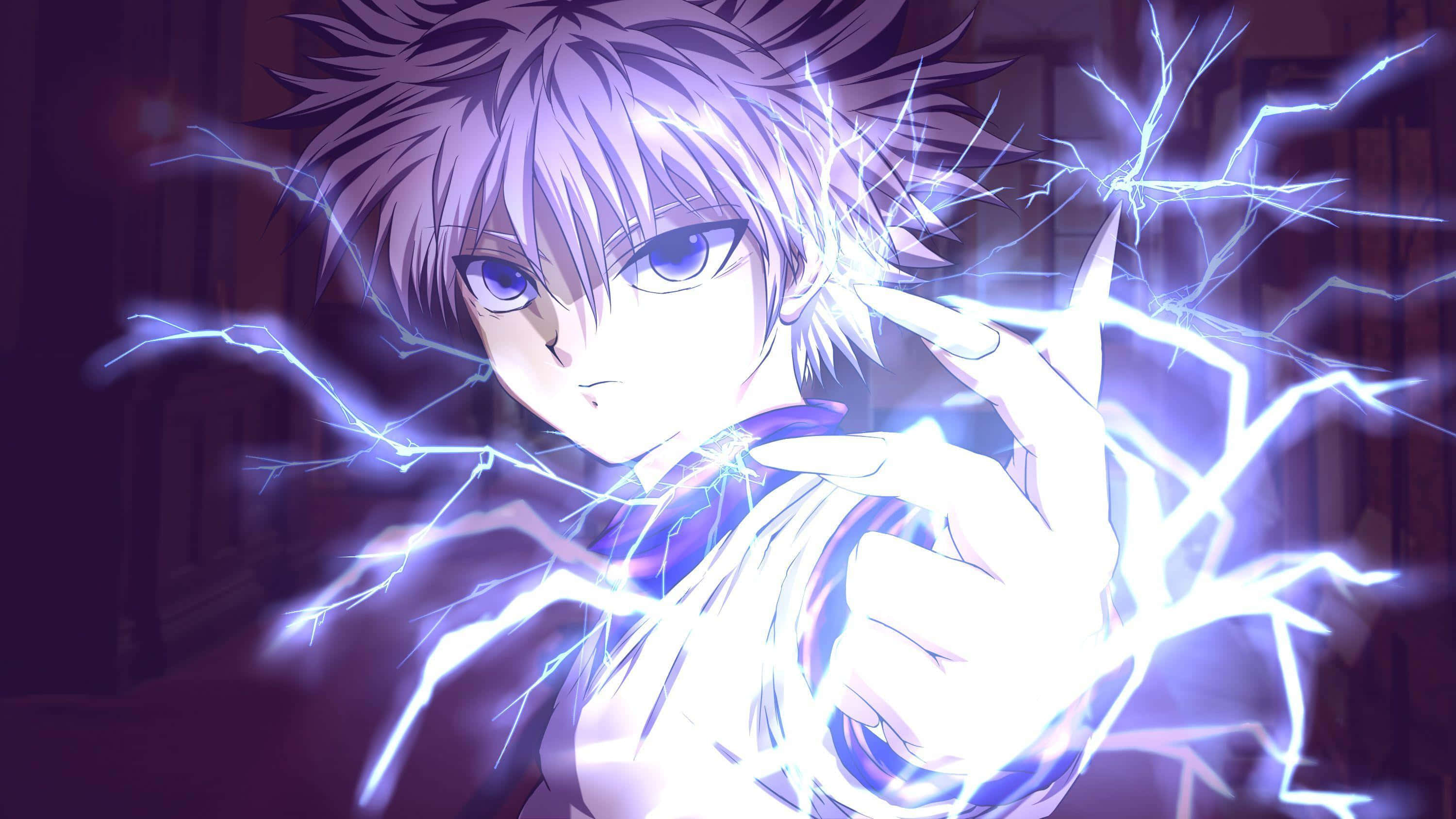 《獵人》動畫主角Killua 壁紙 — 一個動漫角色，有著尖刺的白髮，在深紫色背景下從伸出的手中釋放出電光藍色的閃電。