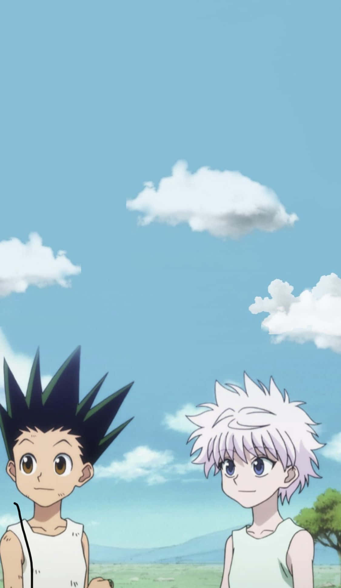 《獵人》可愛角色群像 壁紙 — 兩個動漫男孩，頭髮尖尖，站在明亮的藍天下，有蓬鬆的白雲。