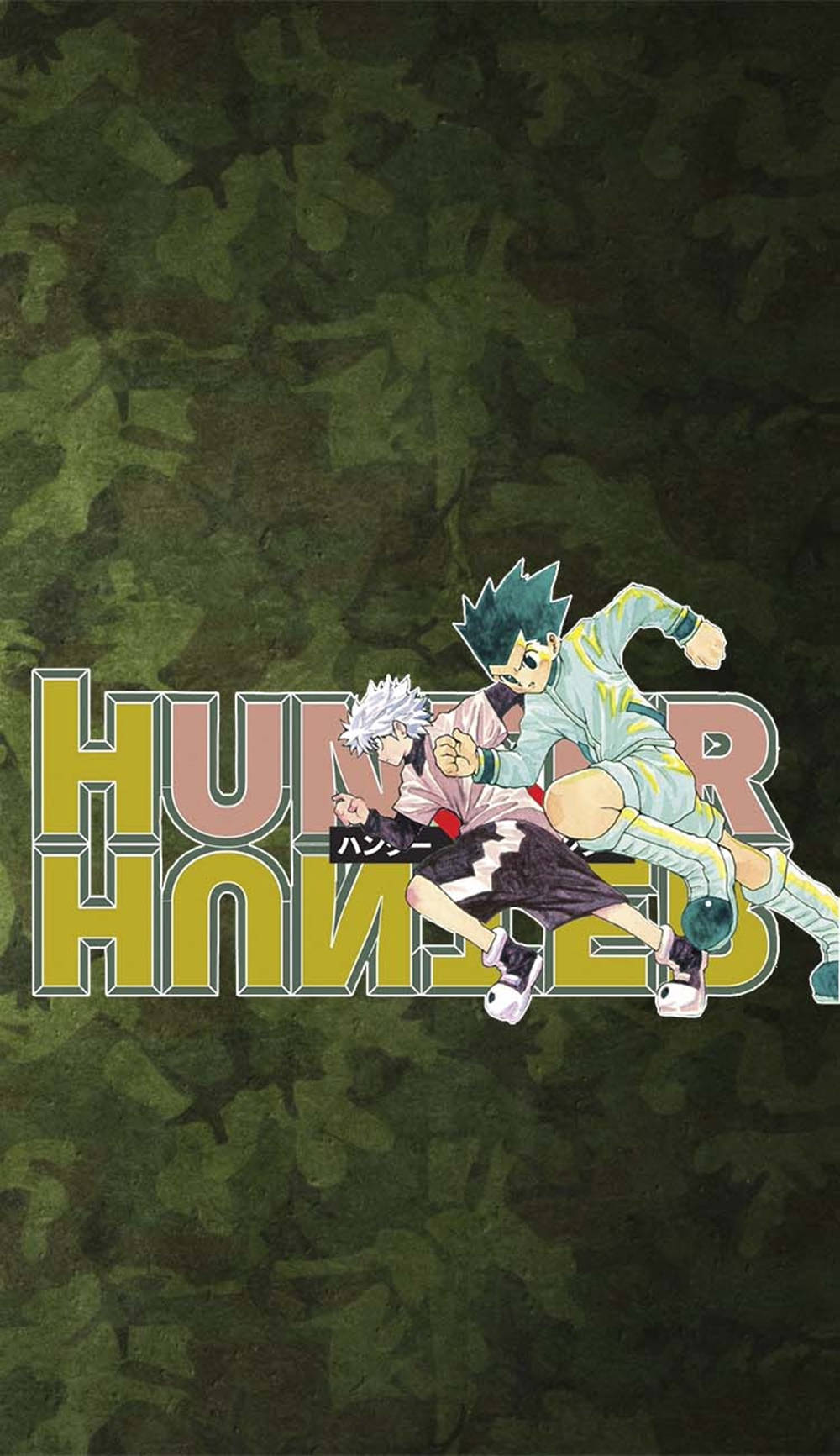 兩個動漫角色在半空中擺出動作姿勢，位於 Hunter x Hunter 標誌上方。