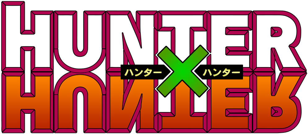 獵人×獵人動畫標誌 壁紙 — 為 Hunter x Hunter 設計的大膽 3D 渲染標誌，帶有白色、洋紅色和橙色漸變文字以及綠色十字架。