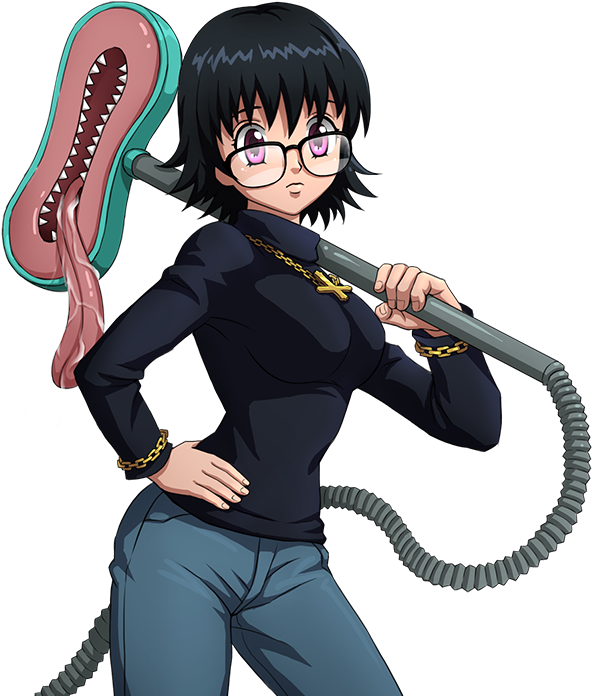 獵人×獵人角色手持吸塵器 壁紙 — 一個自信的動漫女孩，黑髮戴眼鏡，在純黑背景上揮舞著巨大的蛇頭武器。