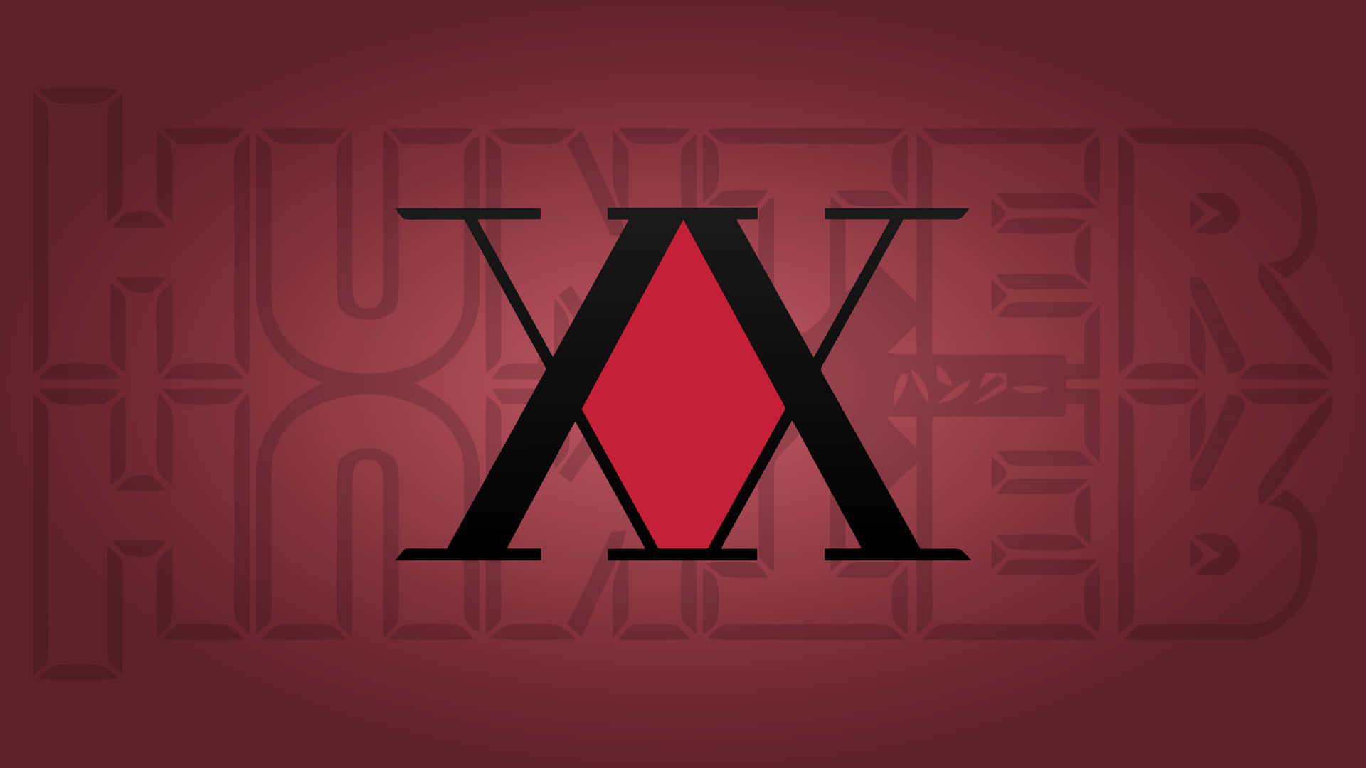 黑色X，中心有紅色菱形，在紋理紅色背景上帶有模糊文字。