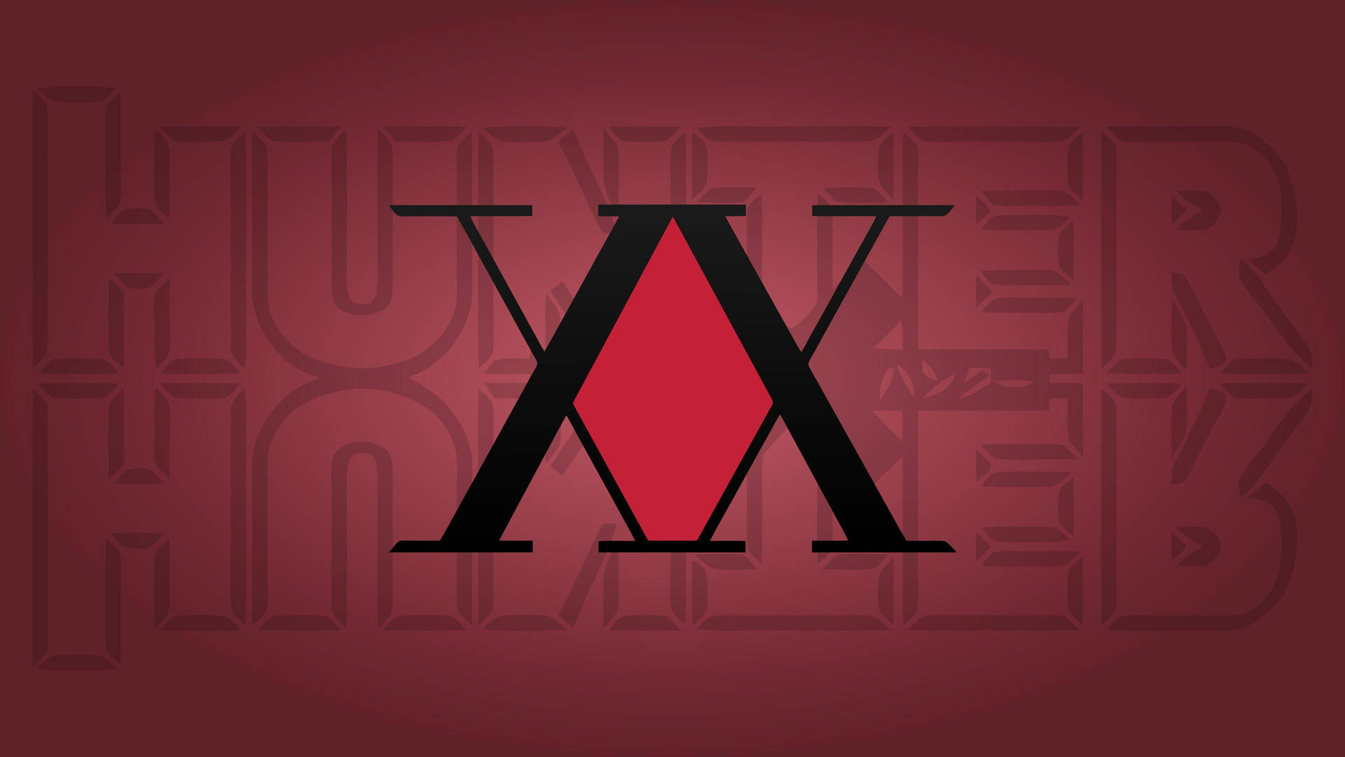 《獵人》紅色美學標誌 壁紙 — 大膽的黑色「X」中央有紅色菱形，主導深紅色背景，帶有模糊的「HUNTER X HUNTER」文字圖案。
