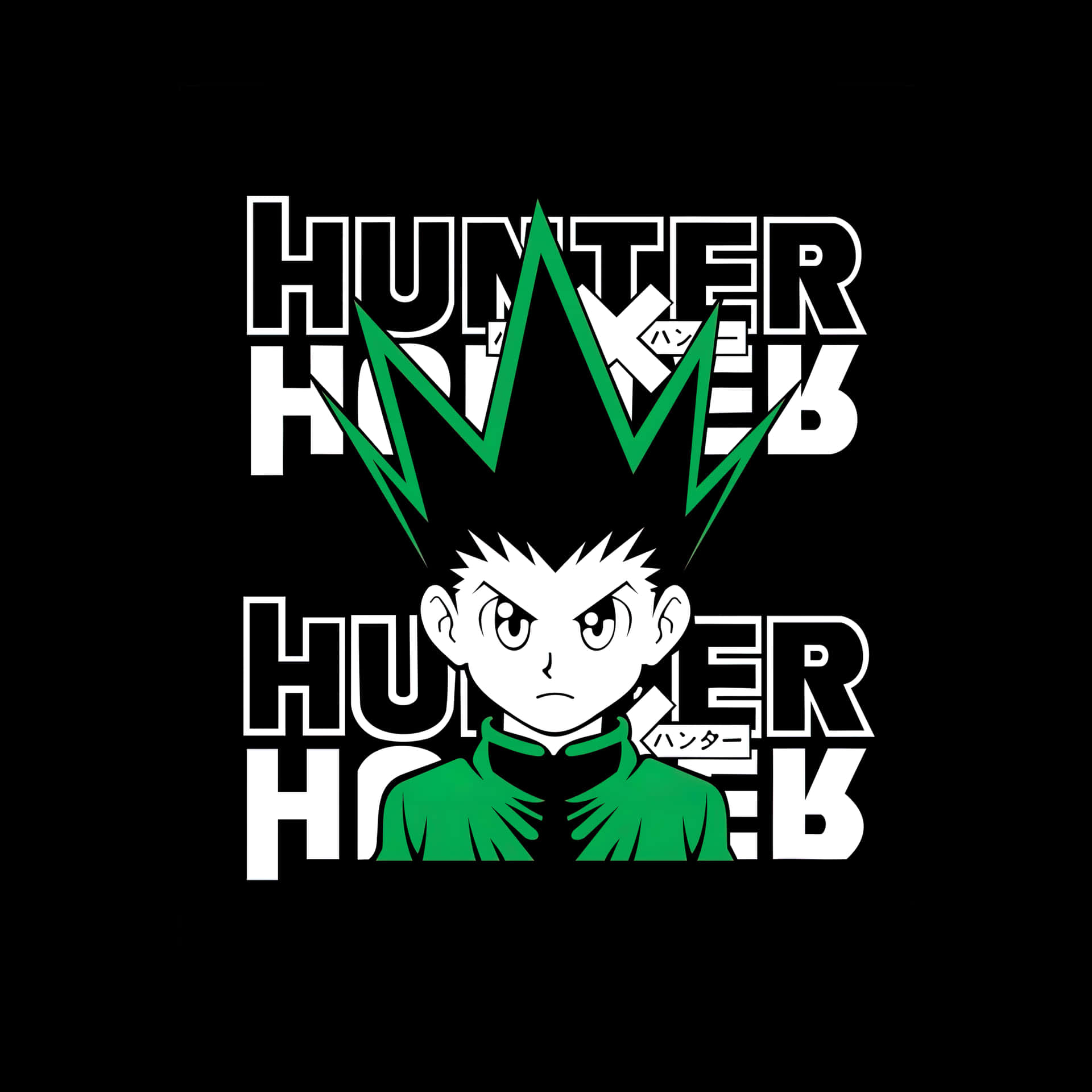 來自《Hunter x Hunter》的動漫角色，綠色頭髮和服裝，背景為黑色。