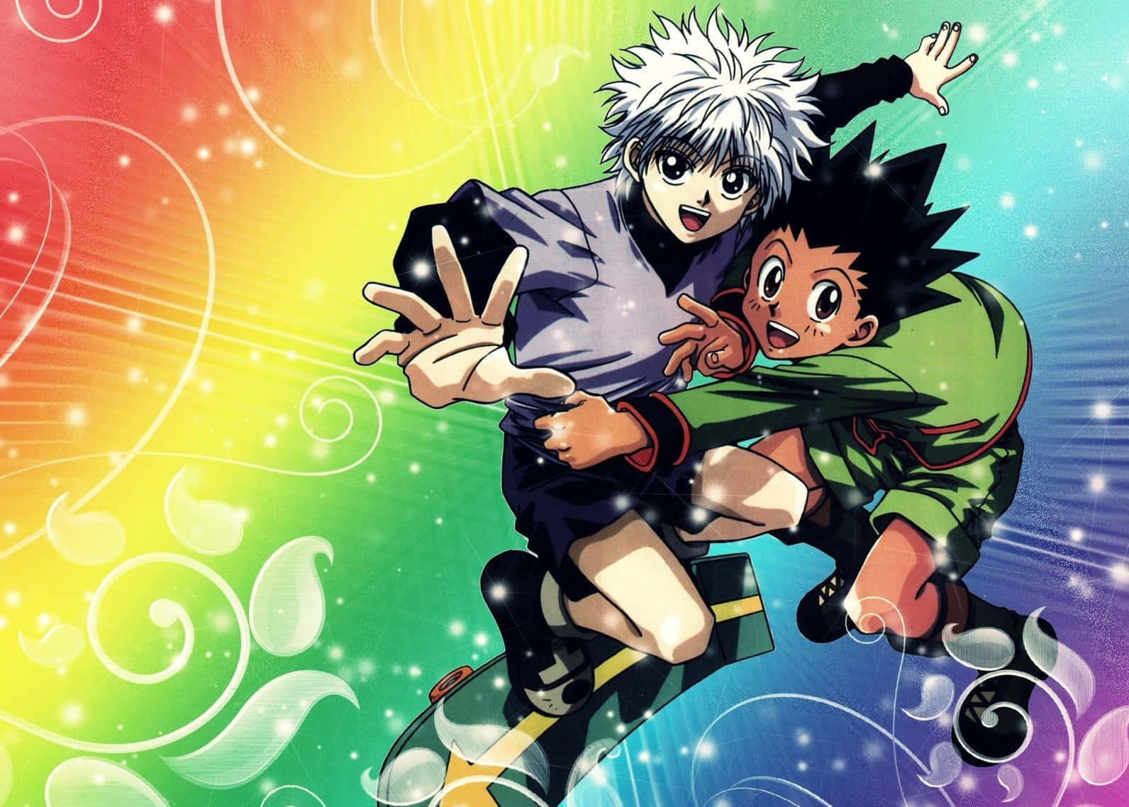 兩個動畫男孩在帶有漩渦和閃光的彩虹背景上玩滑板。