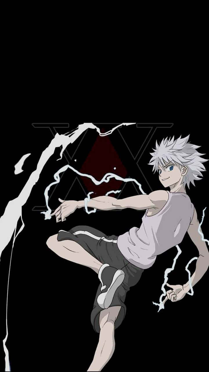 《獵人x獵人》基路亞視覺風格 壁紙 — 擁有尖刺白髮和藍眼的動漫角色，在黑色背景上以白色閃電效果動態踢擊。