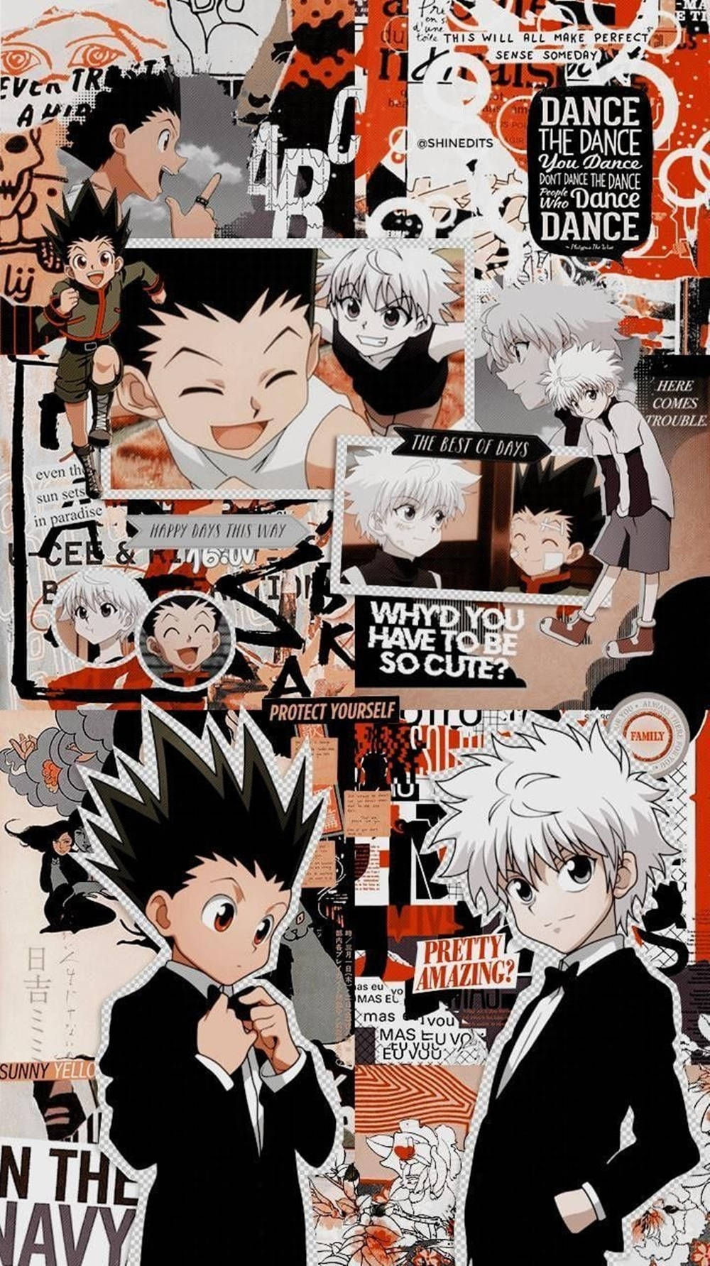 來自 Hunter x Hunter 的動漫角色拼貼畫，帶有文字疊加和富有表現力的姿勢。