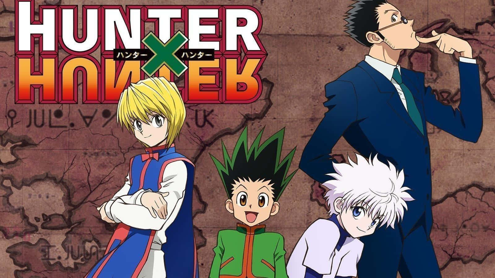 獵人x獵人 庫拉皮卡 貓又背景 壁紙 — 四個來自《Hunter x Hunter》的動漫角色站在一張破裂的地圖前，節目名稱以粗體紅色和橙色字體呈現。