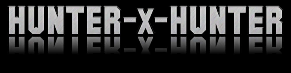 Hunter x Hunter標誌以銀色3D文字呈現，在黑色背景上帶有反射效果。