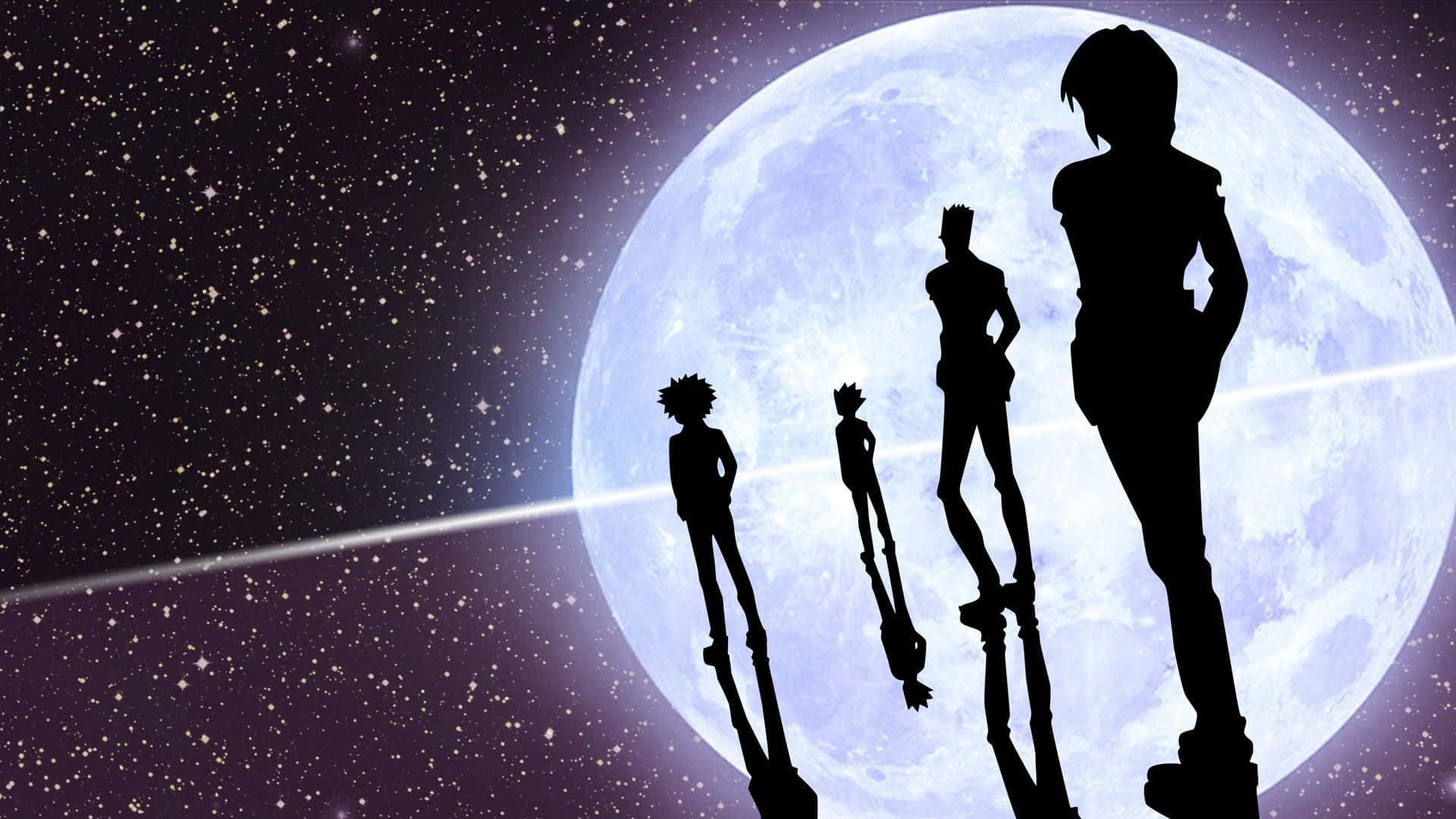 動漫角色以剪影形式出現在巨大月亮和星空前。