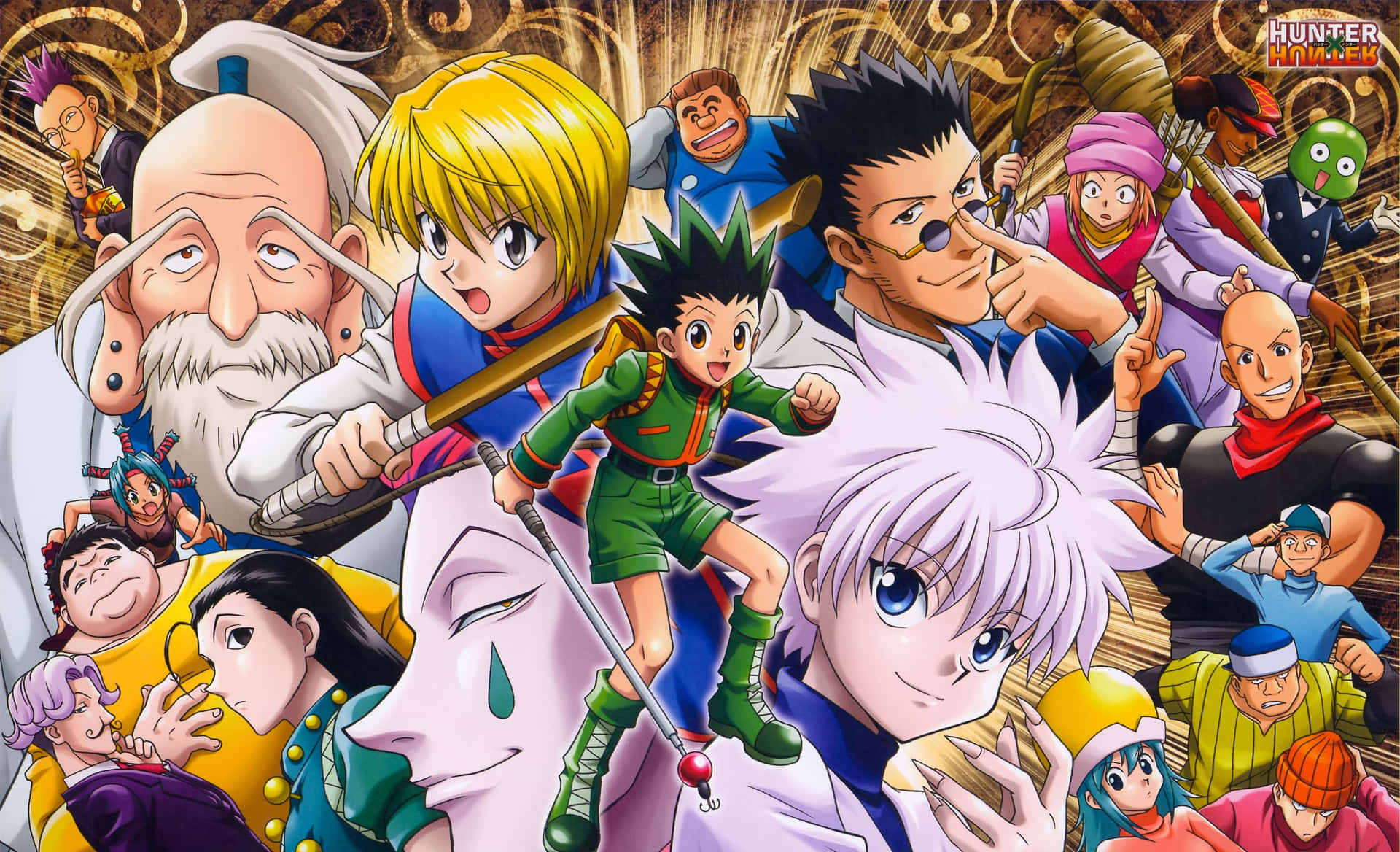 Hunter x Hunter 動漫角色在金色背景下的動感群像。