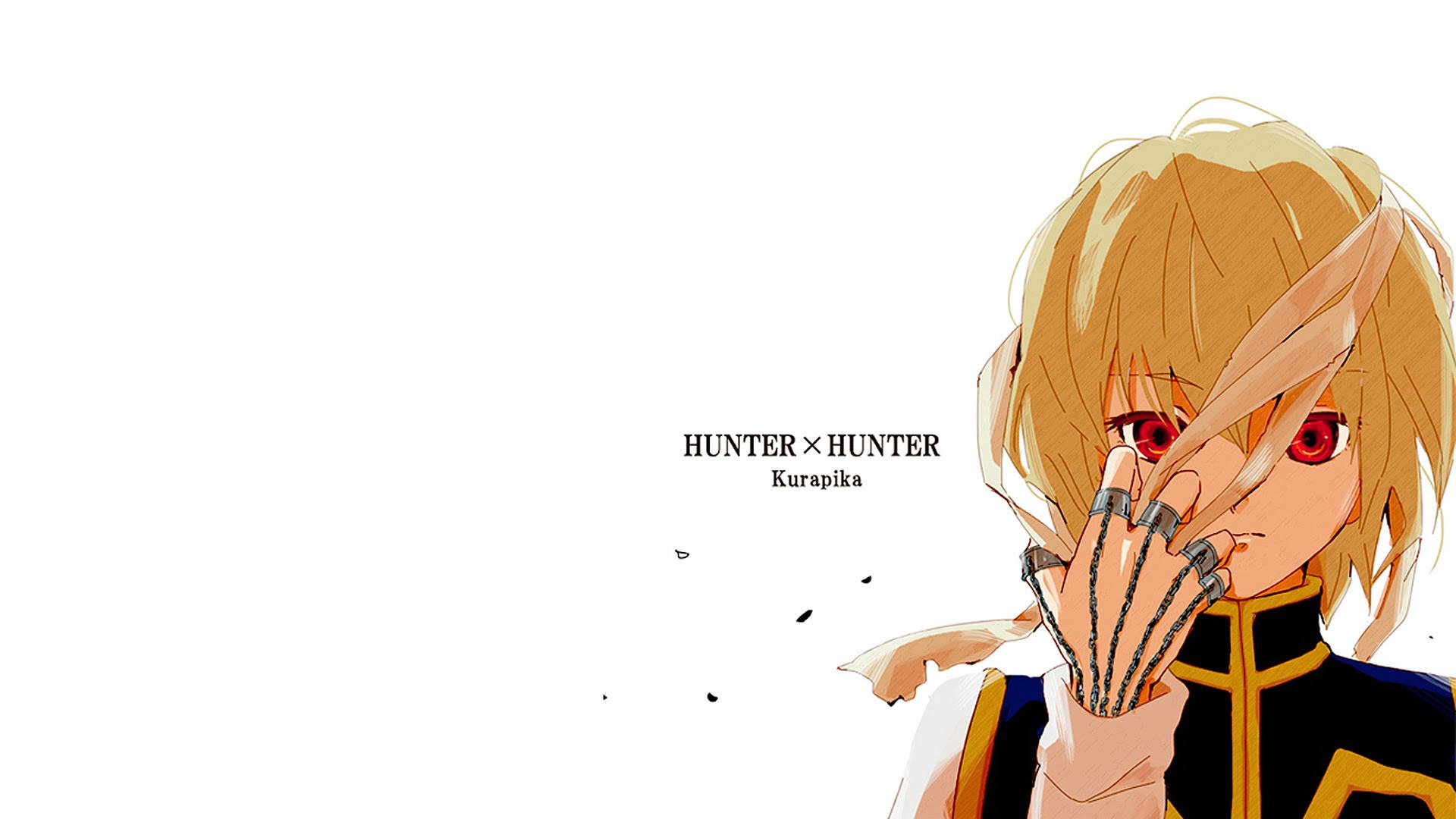 獵人x獵人庫拉皮卡 壁紙 — 來自《Hunter x Hunter》的動畫角色酷拉皮卡，紅色的眼睛和爪狀的手遮住半邊臉，背景為純白色。