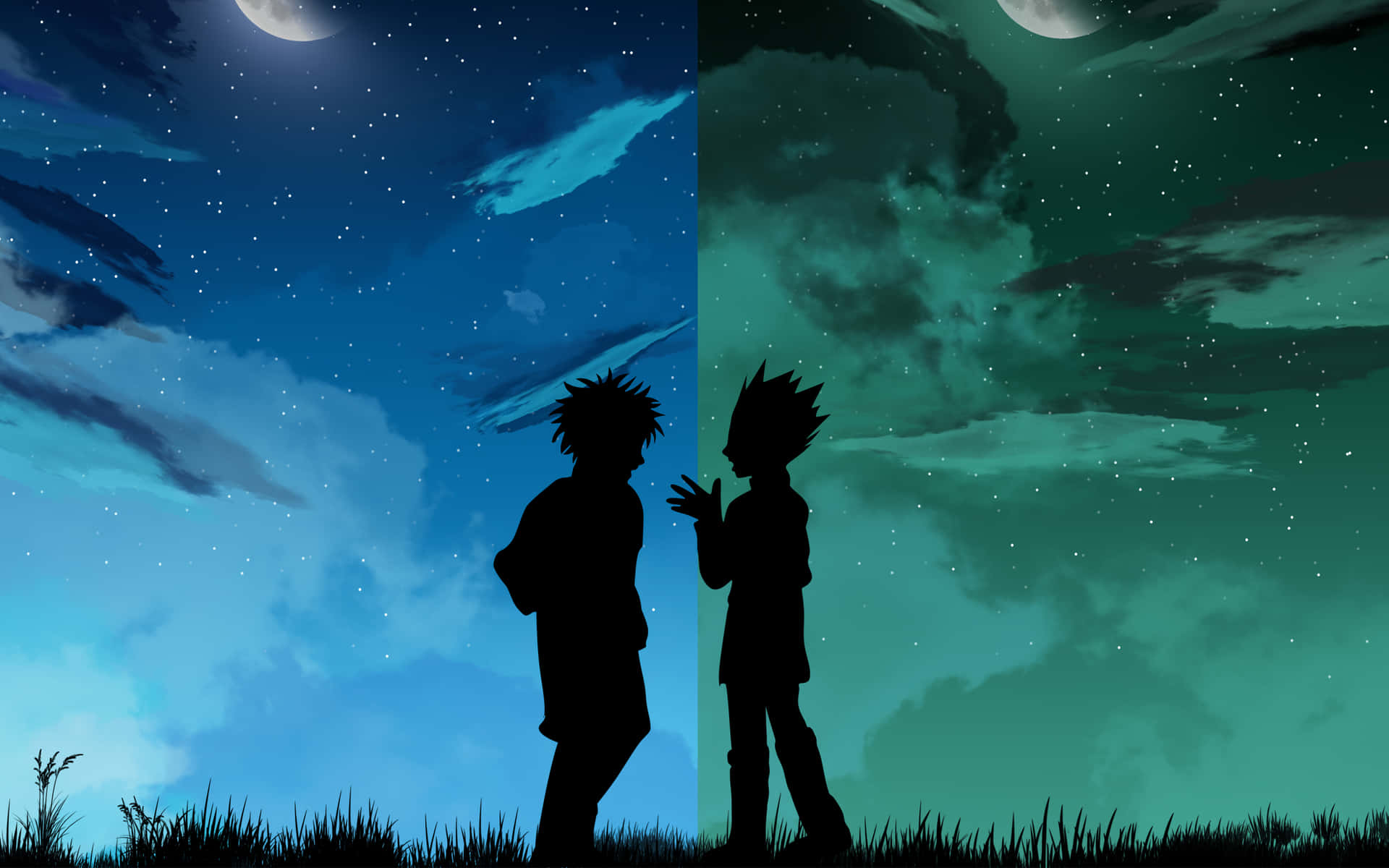兩個動漫人物並排企喺一個分為藍色同綠色半邊嘅星空夜空下。