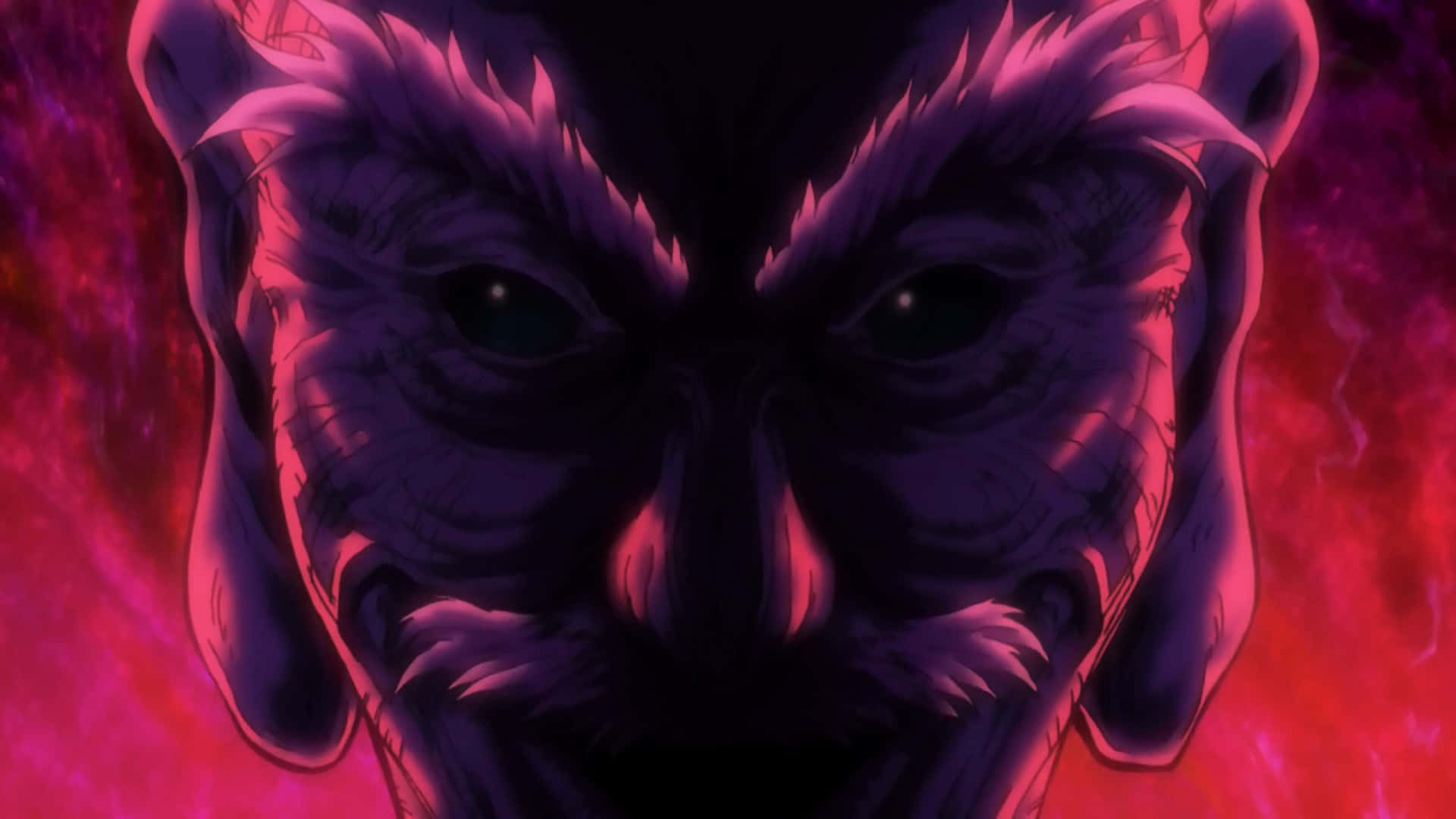 獵人X獵人艾薩克·內特羅背景 壁紙 — 一個帶有發光眼睛和尖牙的威脅性動漫惡魔面孔，背景是火紅和紫色。