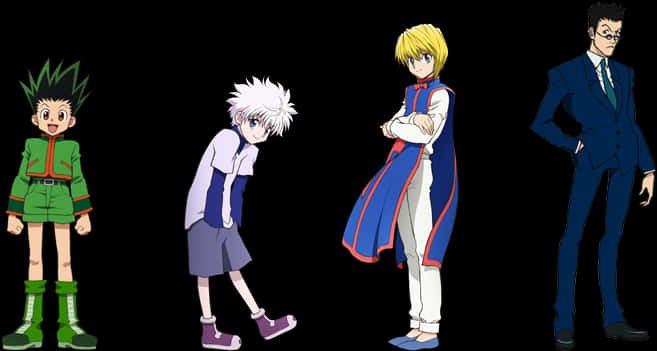 獵人動漫主要角色 壁紙 — 四個來自《Hunter x Hunter》的動漫角色站在黑色背景前，各自穿著不同的服裝和擺出不同的姿勢。