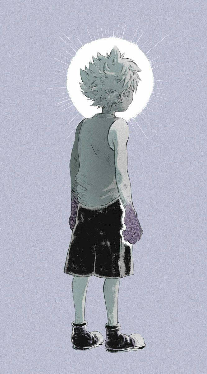 從背後看到的刺蝟頭髮和發光光環的動漫男孩。