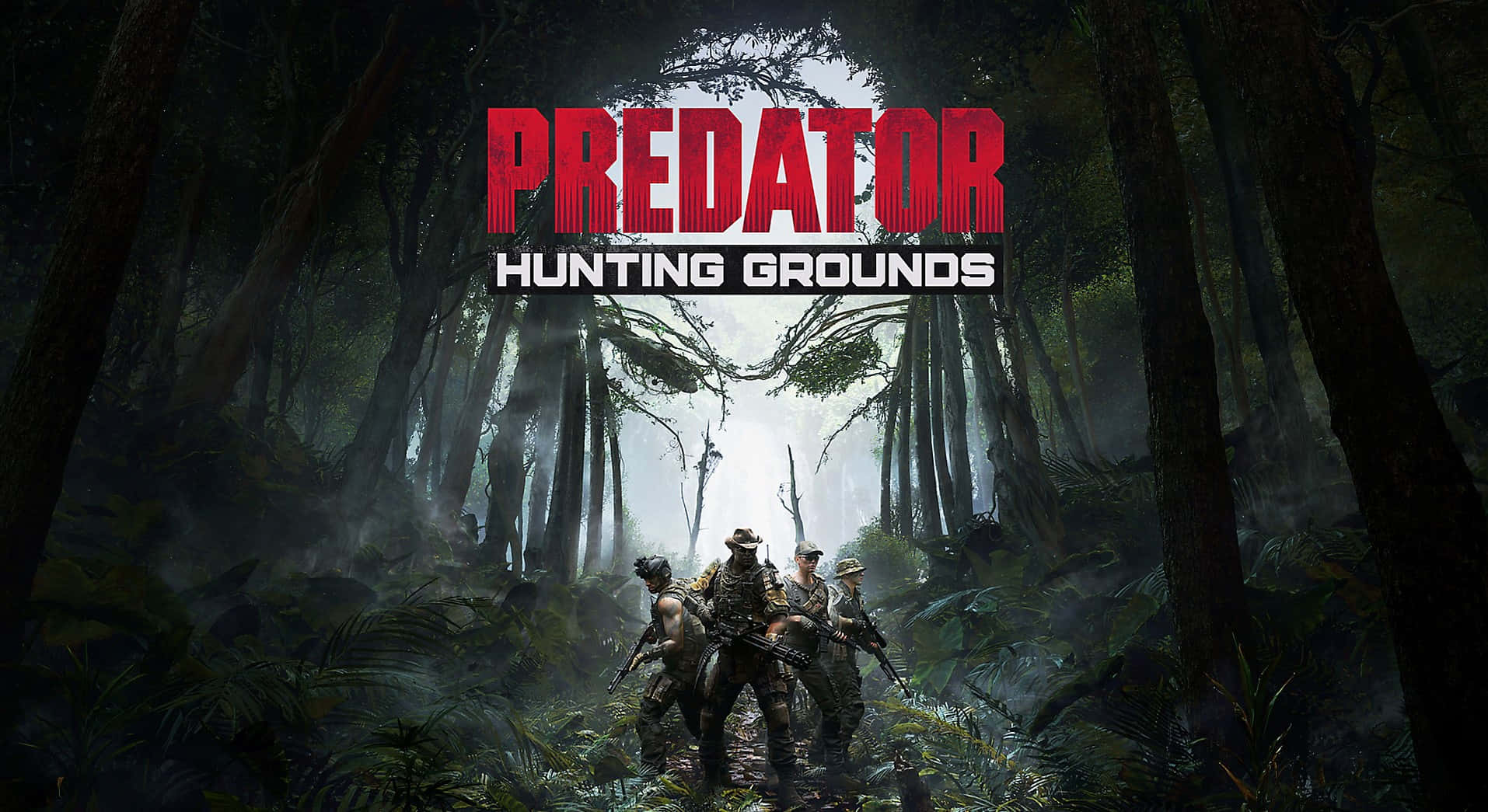 獵人狩獵地 壁紙 — 四名武裝士兵站在煙霧瀰漫的叢林中，標題 Predator Hunting Grounds 在他們上方發出紅光。